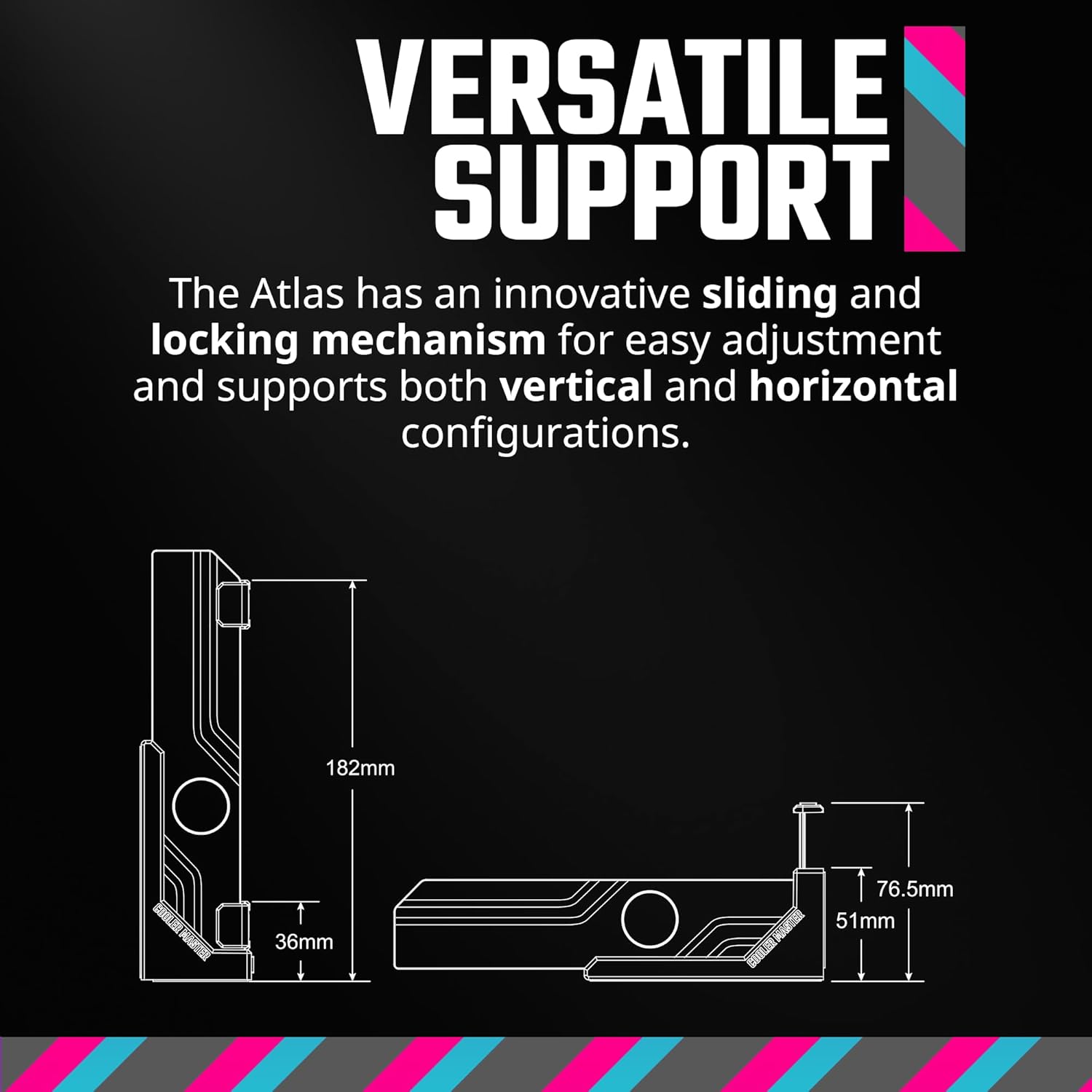 Cooler Master Atlas ARGB GPU Support Bracket, Aluminum Magnets Stand, Infinity Mirror Design, ARGB Tempered Glass, Up to RTX 4090 Support, Dual-Axis Mode Vertical | Horizontal.