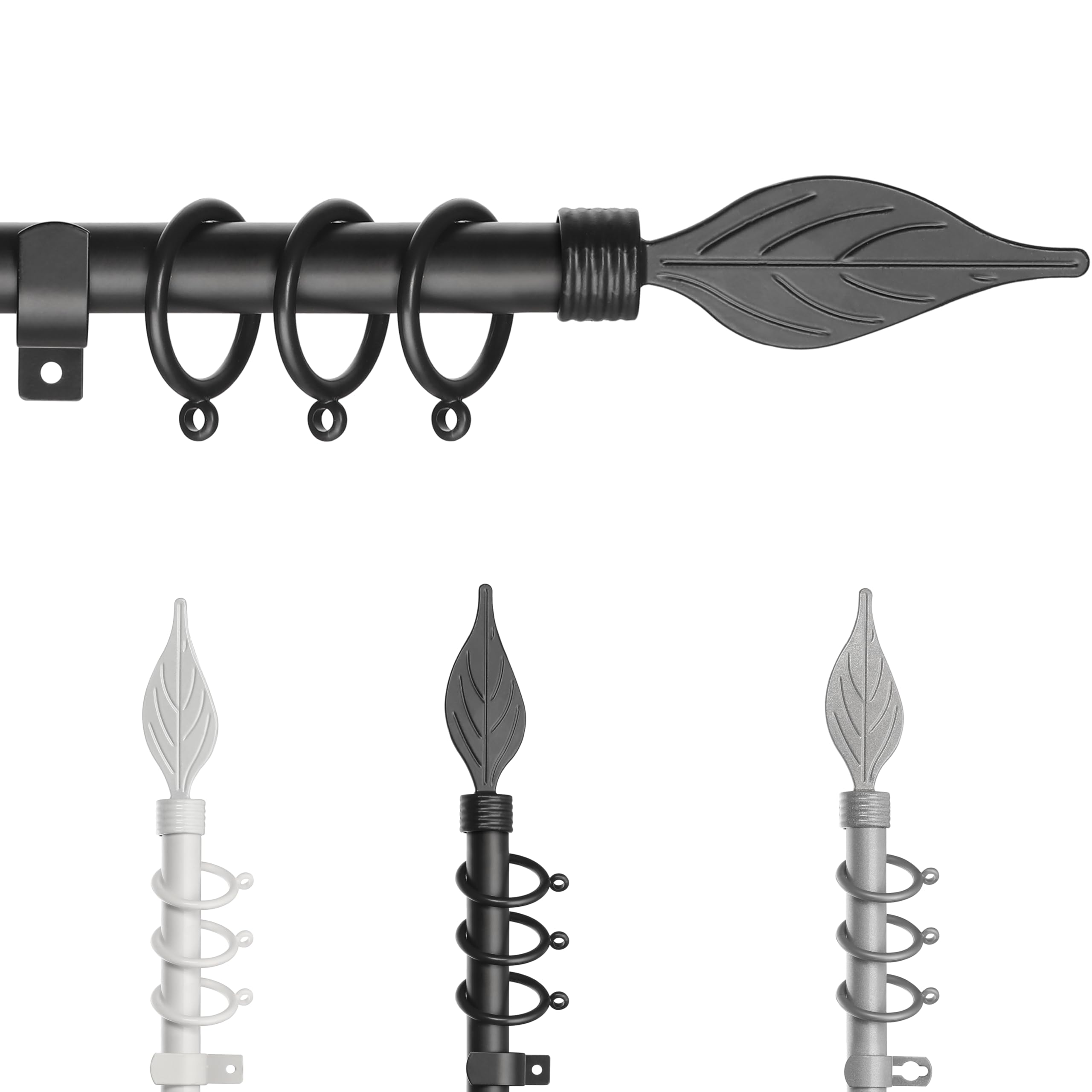 LEAF Curtain Poles for Window, Metal Extendable Curtain Poles Heavy Duty Curtain Rod Includes Finials, Rings, Brackets & Fittings Set (Black, 120cm to 210cm)