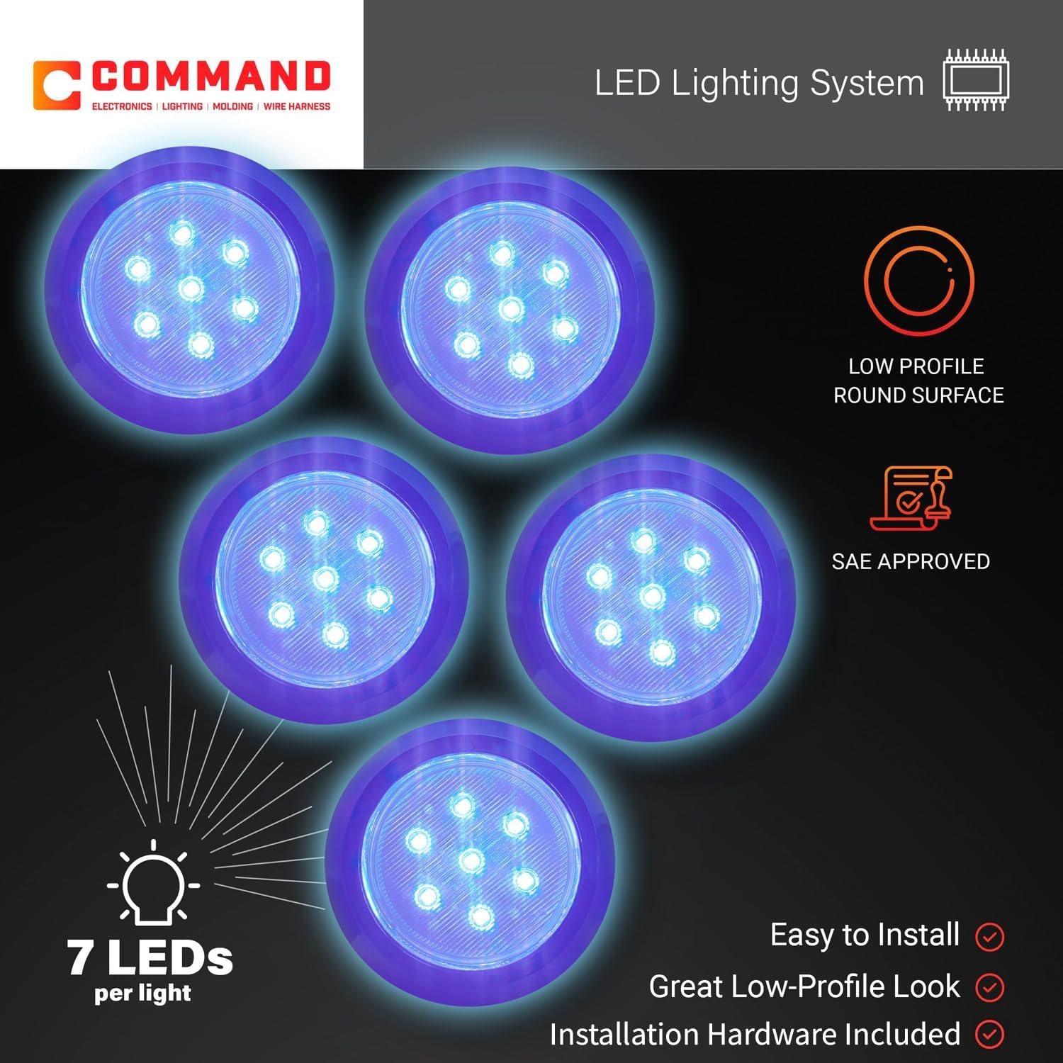 Command Electronics 12V LED Blue Light Surface Mount Dome with Chrome Trim Ring - OEM RV Camper Bus Truck & Trailer Light - Made in USA - Hardware & Connectors Included | 3" Diameter (5 Pack)