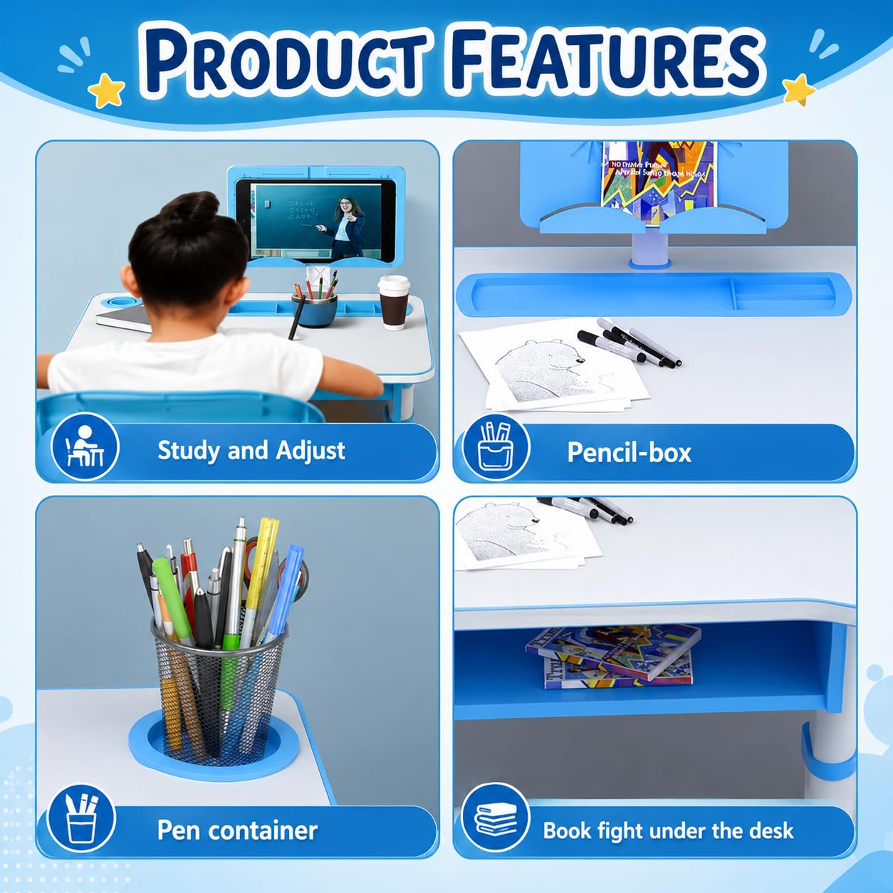 NUCARTURE Kids Study Table with Chair Height Adjustable Computer Table and Chair for Toddlers Children Desk with Storage Cabinet Kindergarten Writing Table (Blue, Study Table) 3