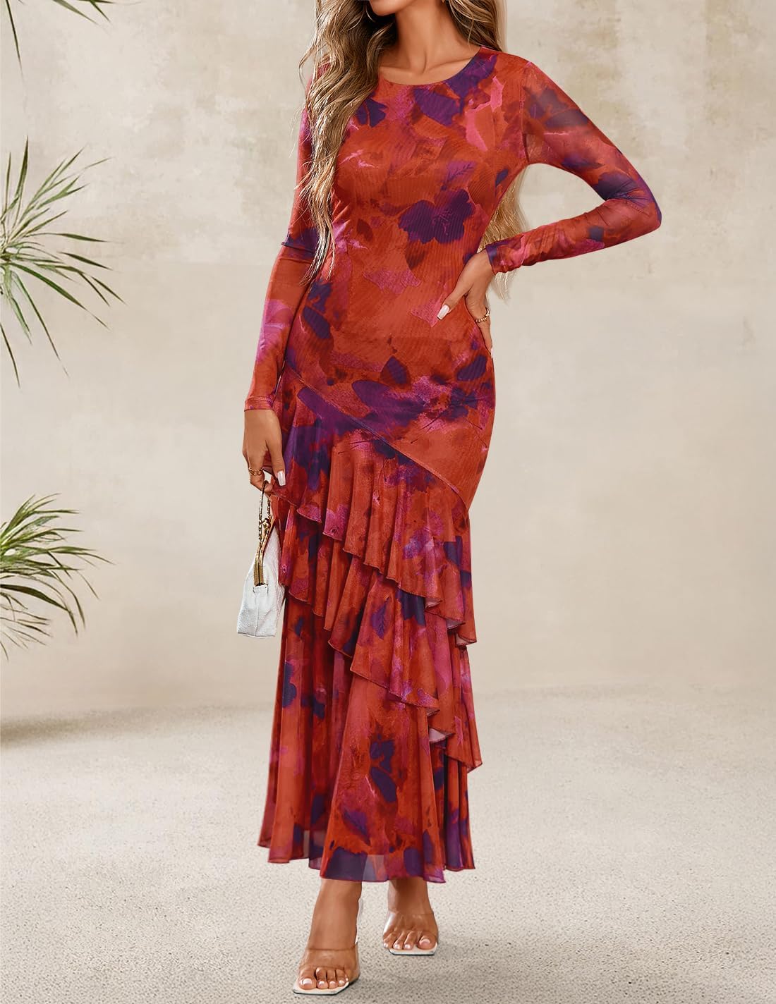 ZESICA Women's Spring Floral Wedding Guest Bodycon Dresses 2026 Long Sleeve Crewneck Mesh Ruffle Mermaid Party Maxi Dress - Image 2