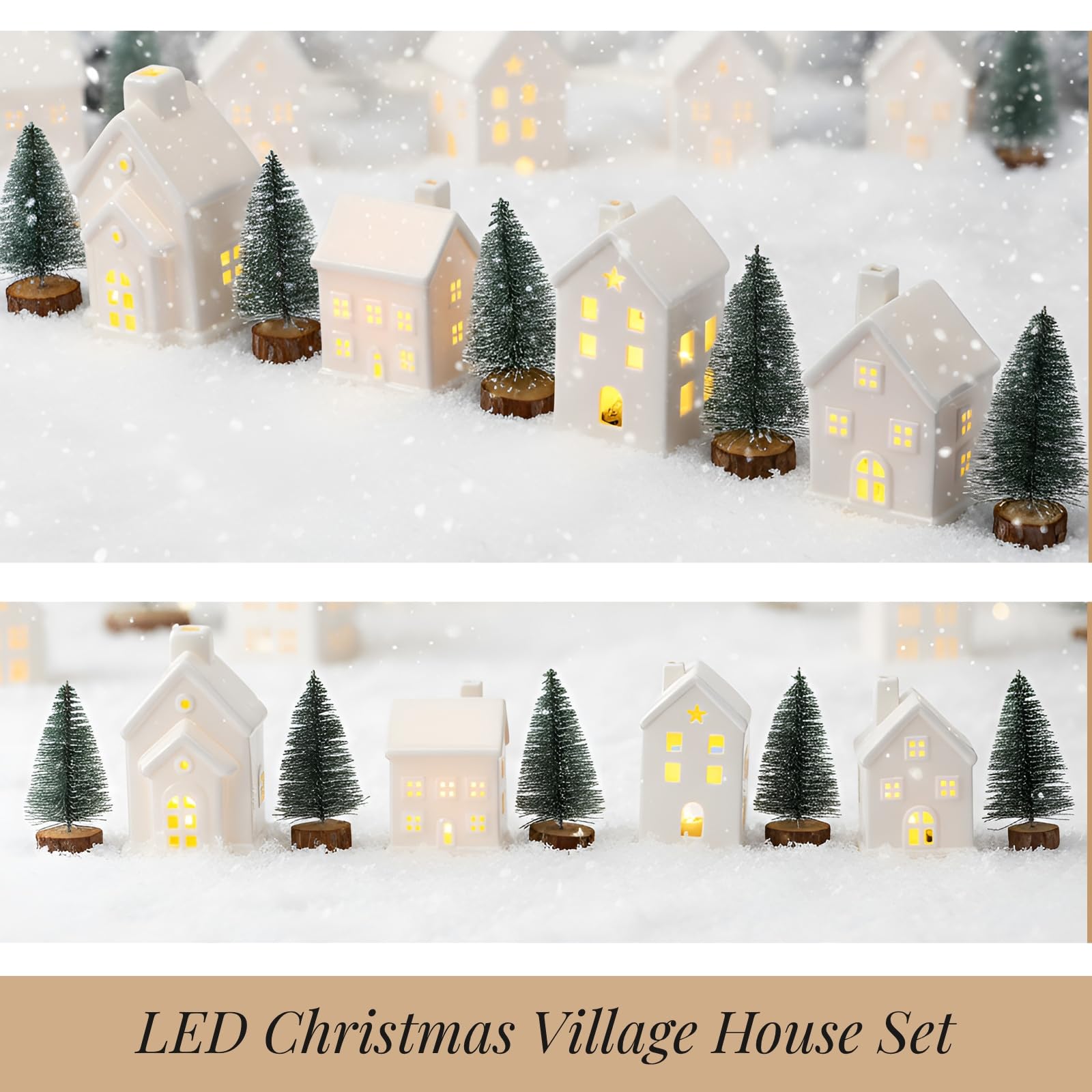 Wesiti Lot de 9 maisons de village de Noël en céramique blanche pure | Mini sapin de Noël lumineux à DEL, accessoire d'hiver, figurine décorative pour Noël, bureau, maison, table, chambre