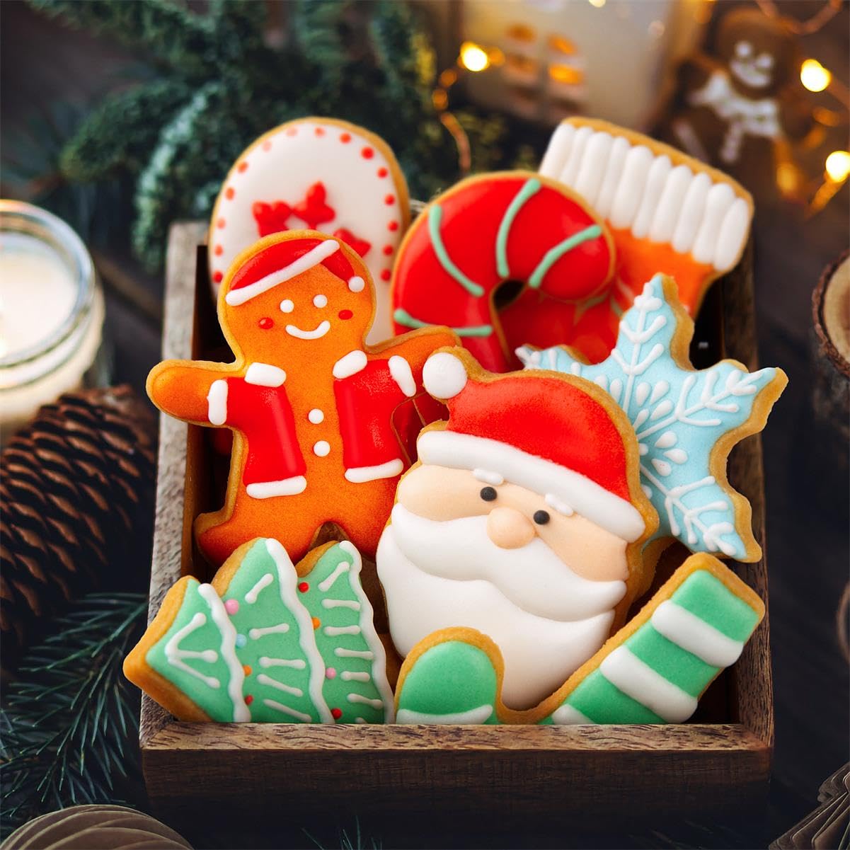 Juego de cortadores de galletas de Navidad, 12 piezas de acero inoxidable de metal, cortadores de galletas de Navidad, hombres de jengibre, árbol de Navidad, copo de nieve, bastón de caramelo, cara de
