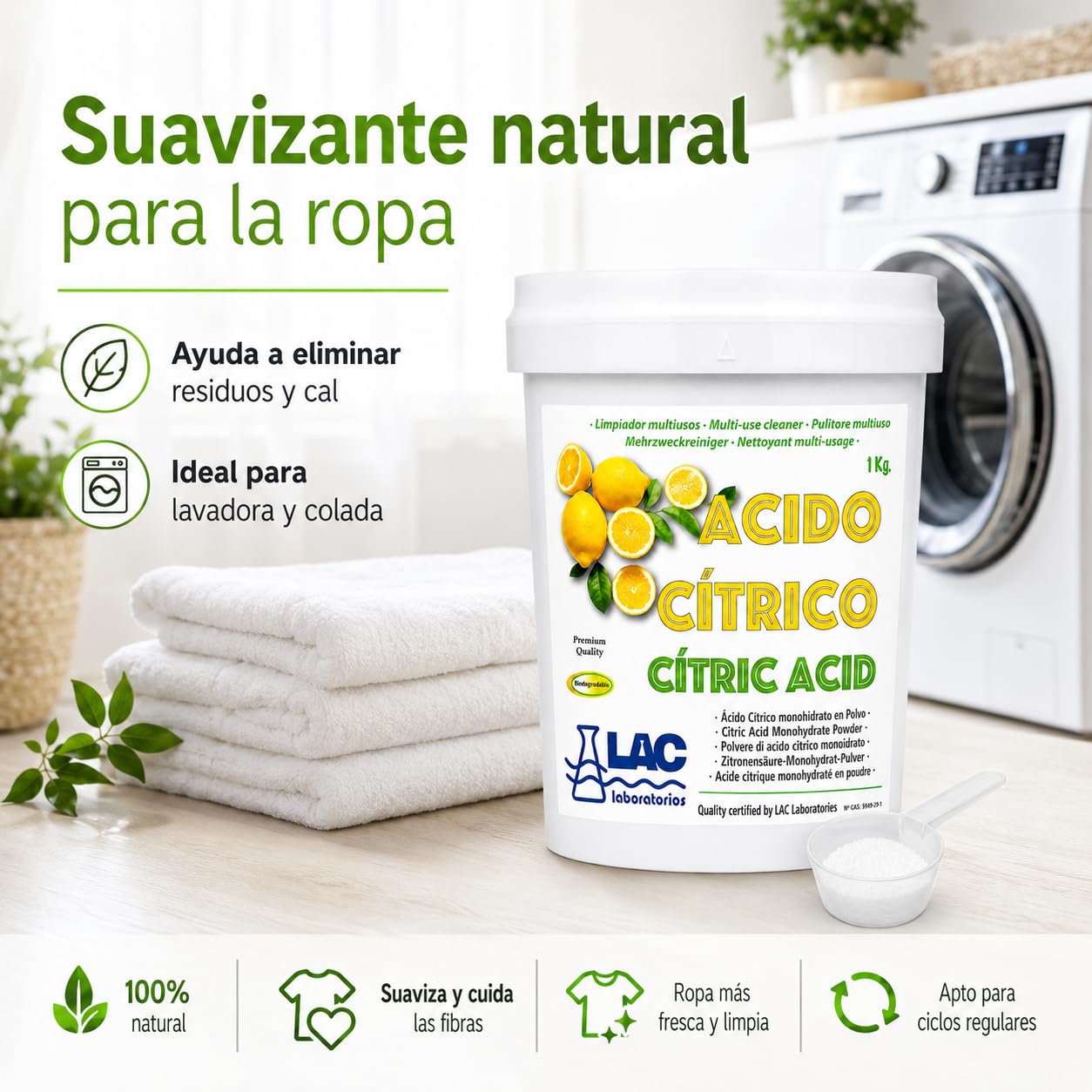 Ácido Cítrico anhidro natural 100% puro 1 kg laboratorios LAC