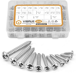 VIGRUE 510Pcs Stainless Steel Wood Screws Assortment Kit, 4#6#8#10#12 Phillips Pan Head Sheet Metal Screws Self Tapping Screws Set,Length 3/8" to 1-1/2"