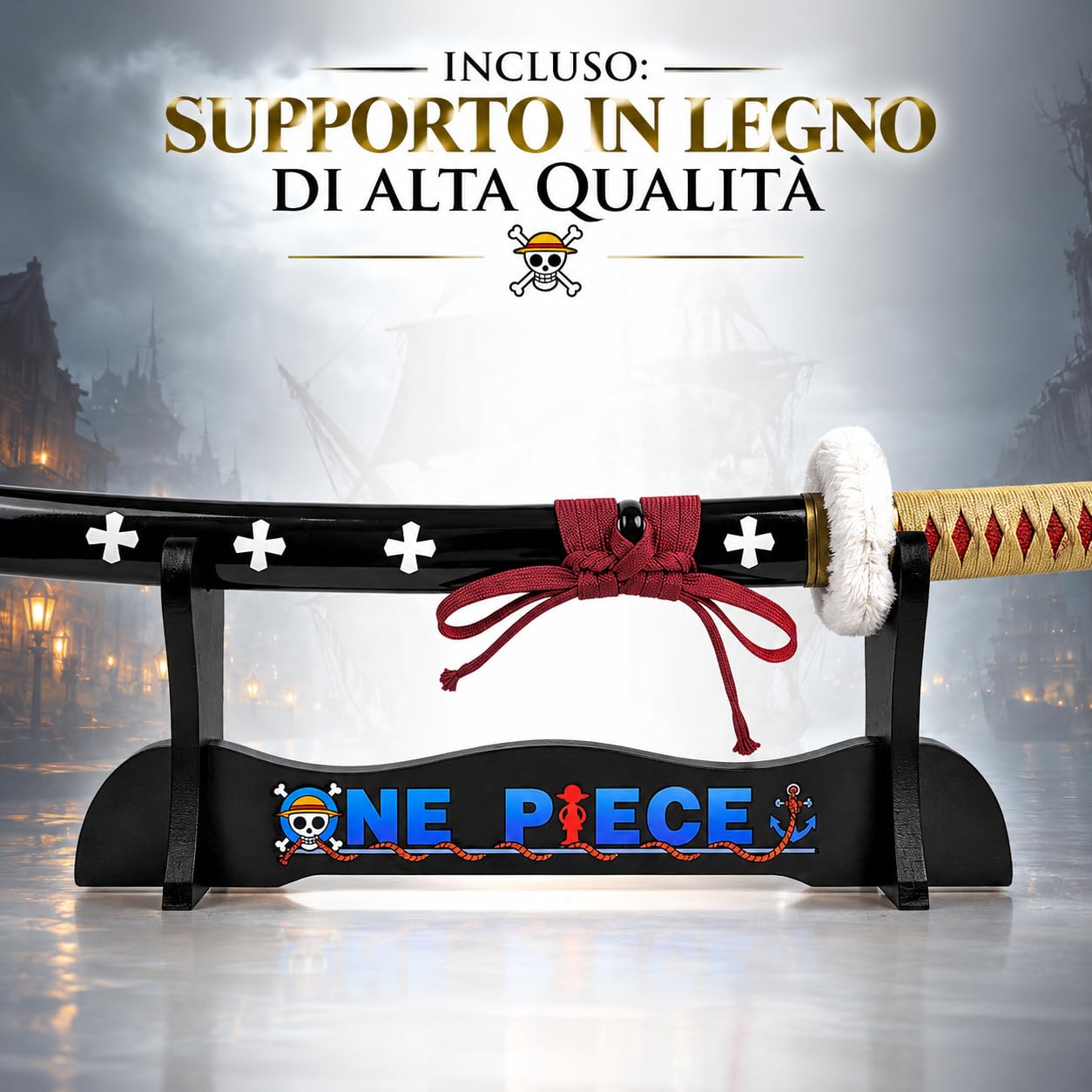 One Piece Trafalgar Law Katana Legno Cosplay Spada Con Fodero E Stand 102cm