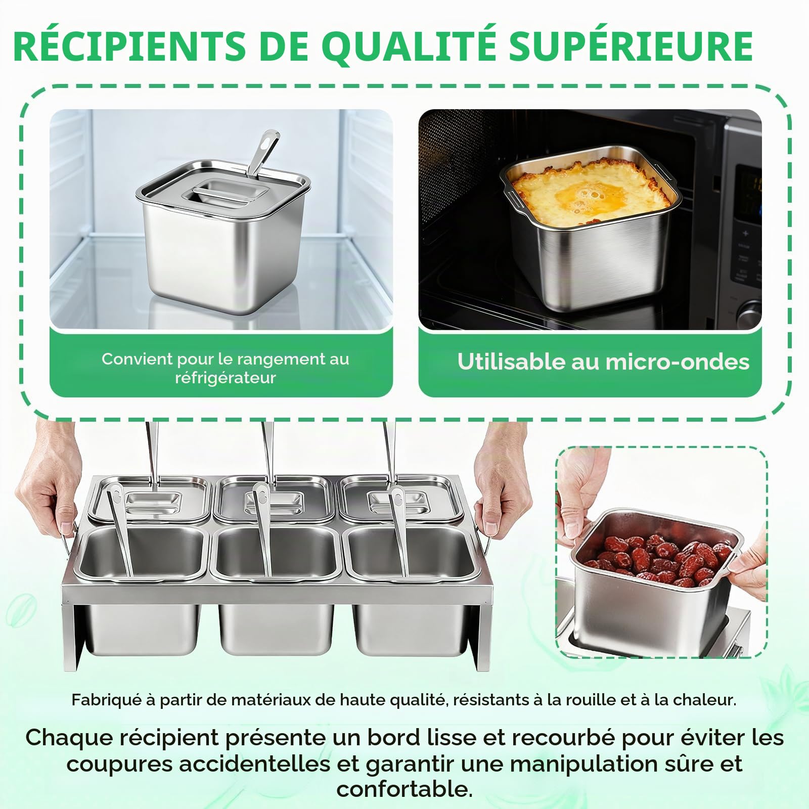Conteneur à Ingrédients, 6×2L Bacs en Acier Inoxydable avec Couvercles & Cuillères, Station de Garnitures 6 Compartiments pour Ingrédients et Toppings, Accessoire Pizza pour Cuisine & Restauration