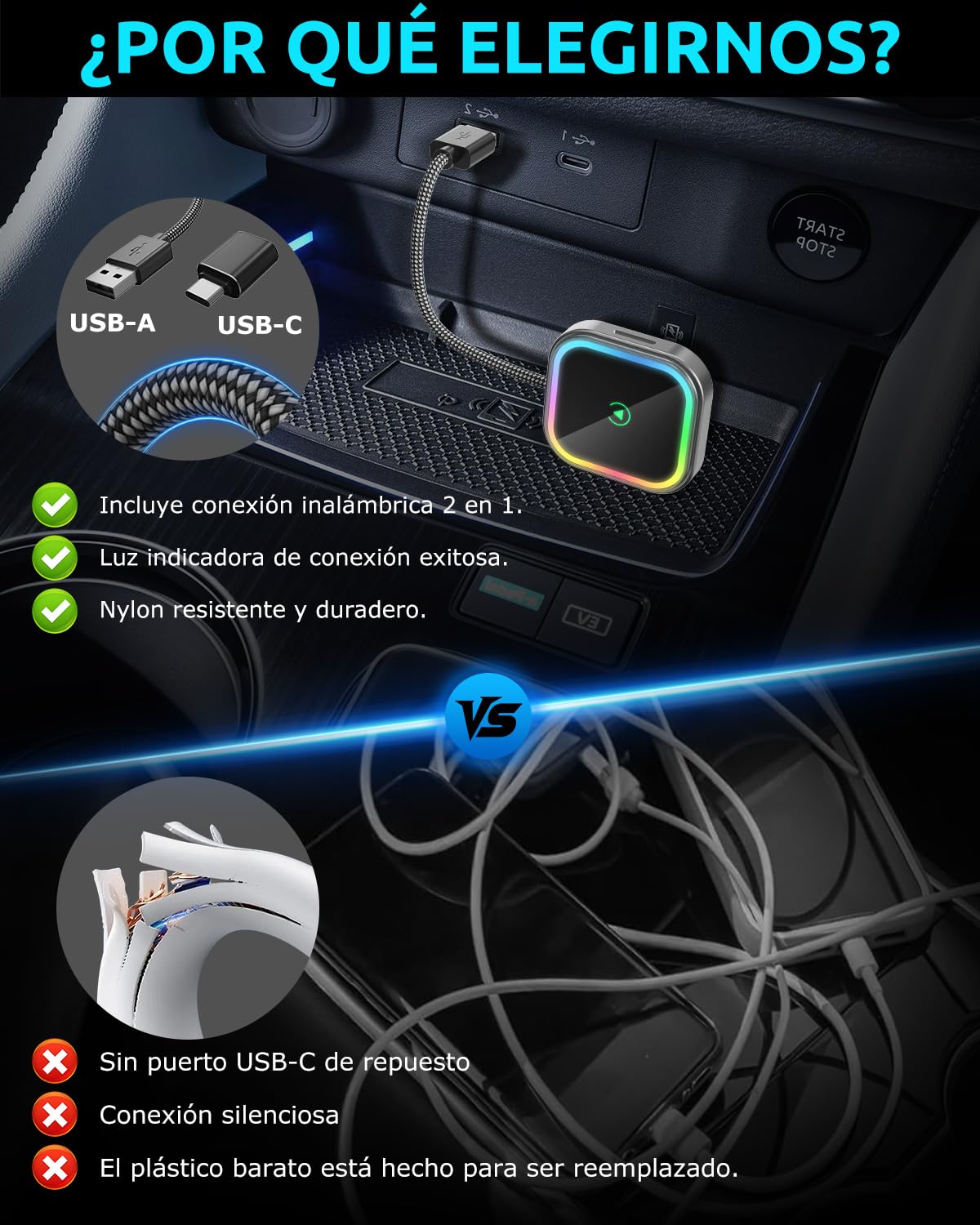 ESSGOO Mini Adaptador Inalámbrico para CarPlay/Android Auto, Adaptador 2 en 1 CarPlay Inalámbrico Bluetooth con Enchufe USB, Compatible con iOS 10+ y Android 11+, RGB con Control de Voz