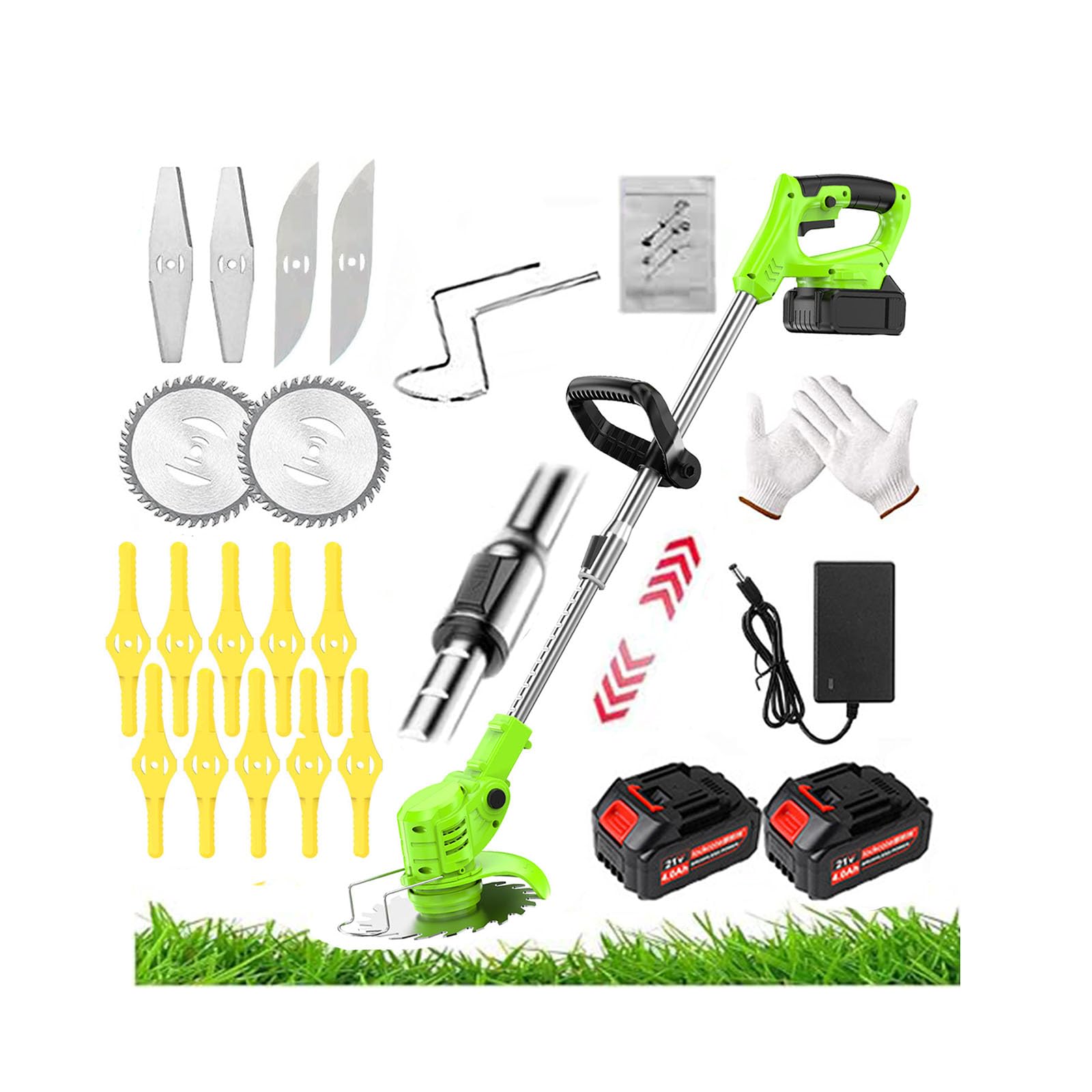 Metal Cordless Strimmers Electric with Blade Grass Trimmer with 2*Lithium Battery & Quick Change Spare Blades for Lawn Garden Pruning