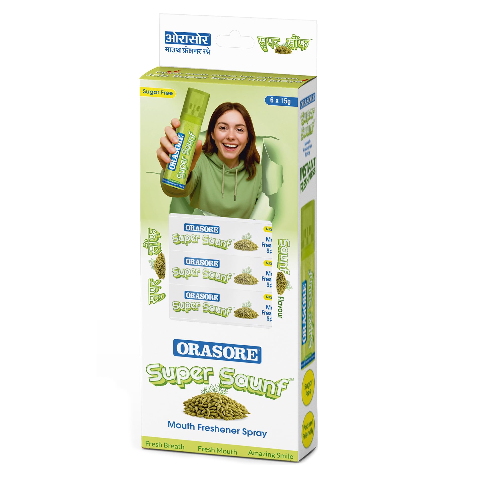 Orasore Super Saunf Sugar Free Mouth Freshener Spray | Instant Bad Breath Solution with Long-Lasting Freshness | 200+ Sprays | Alcohol-Free, Pocket Friendly & Refreshing Sounf Flavour (Pack of 6)