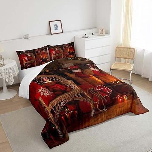 Miniatura 4 de Juego de ropa de cama de Feliz Navidad, tamaño Queen, juego de edredón con temática de chimenea de Navidad para niñas y niños, regalos de árboles de