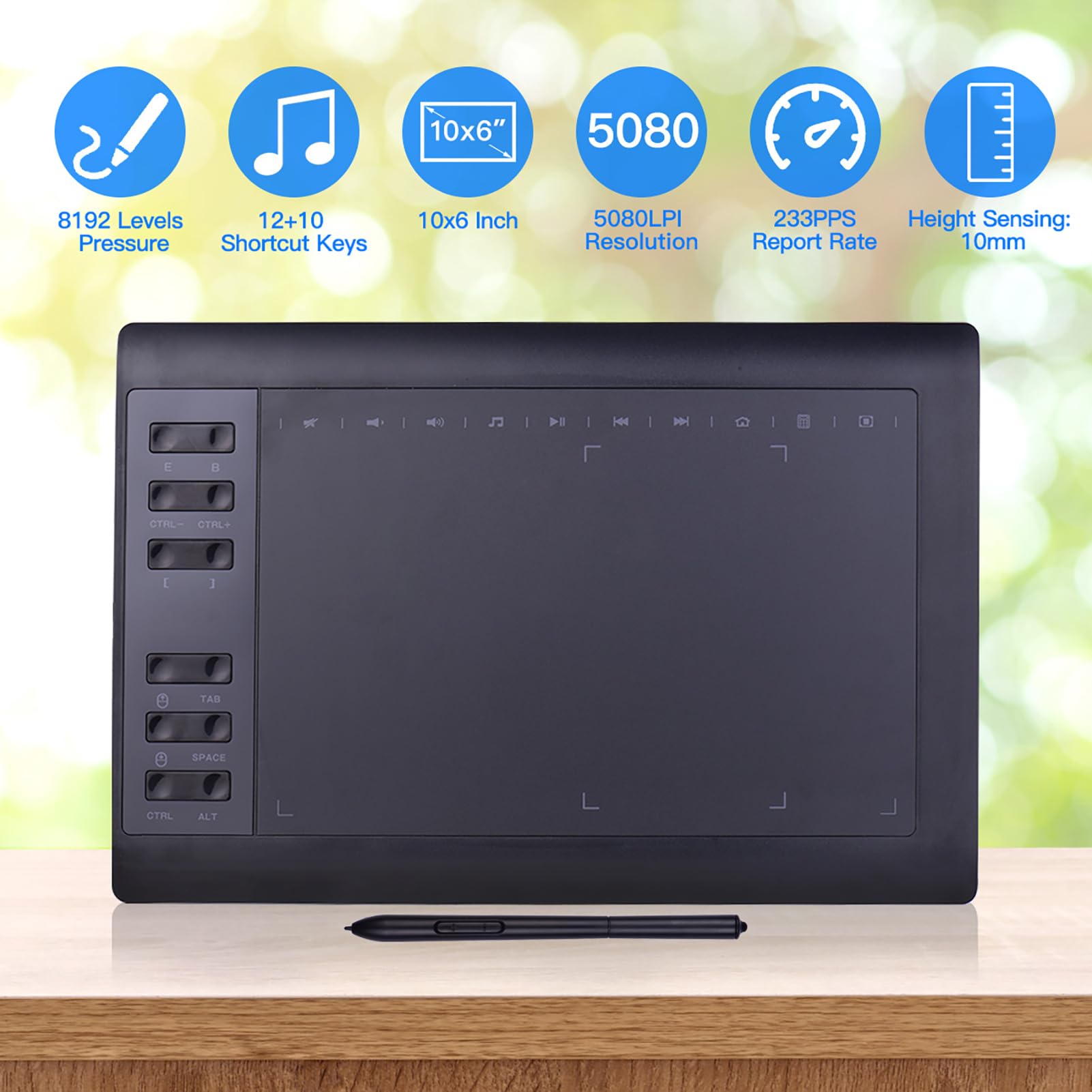 Tablet Grafico Digitale, Tablet Disegno Professionale 10x6 Pollici con 8192 Livelli di Pressione, 12 Tasti Espressi, Risoluzione 5080LPI, per PC, Laptop, Connessione