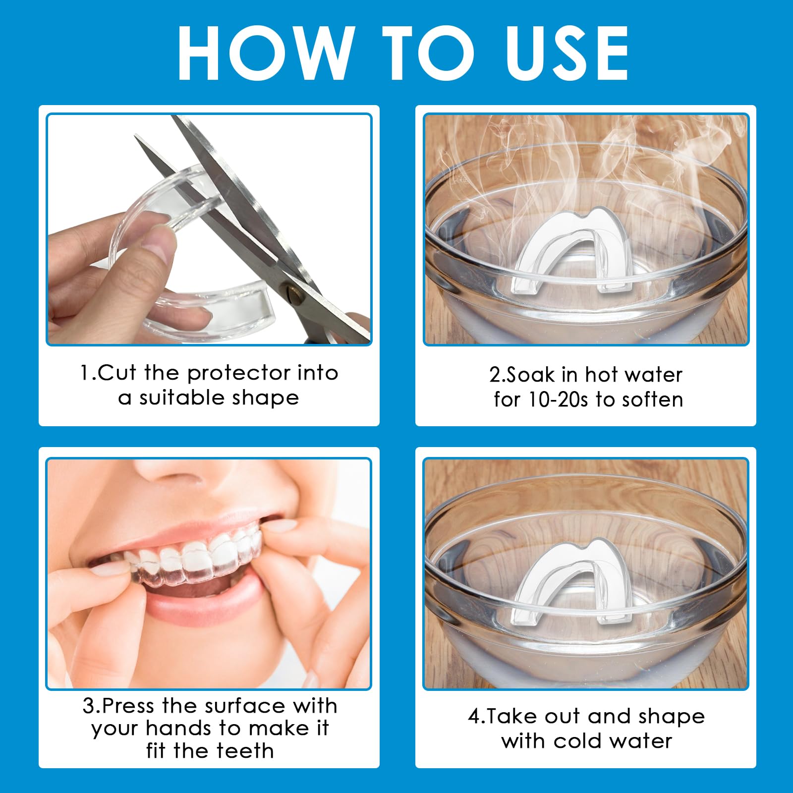 Férula Descarga Bruxismo Moldeable 4 Piezas, 2 Tamaños, Kit Protección Dental con Caja Higiene, Protector Bucal Dormir