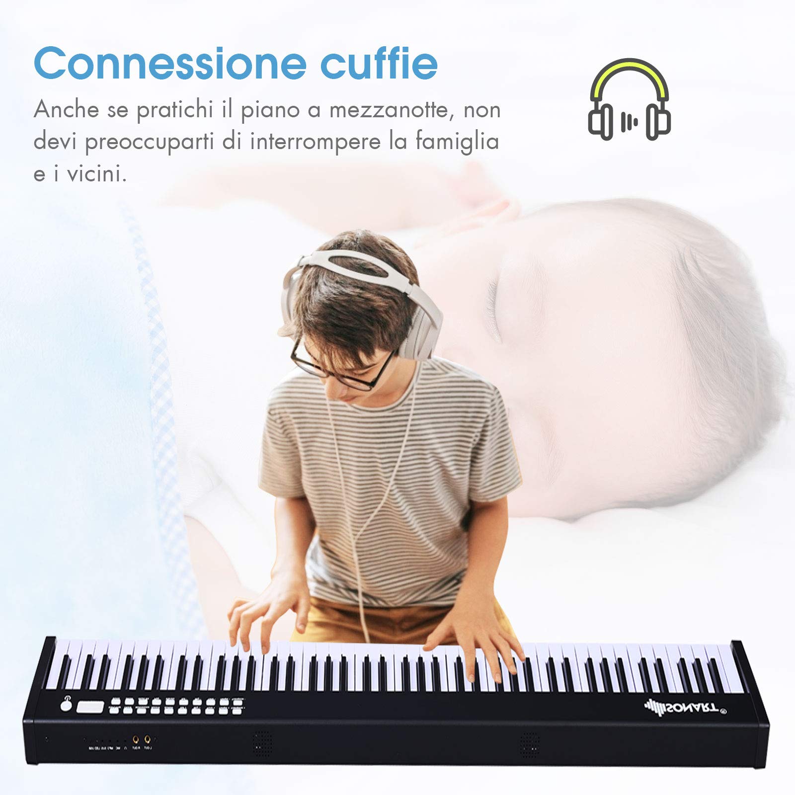 RELAX4LIFE Pianoforte Digitale Portatile con 88 Tasti Illuminati, Custodia, Leggio, Modalità di Insegnamento,MP3/USB/MIDI/Bluetooth (NERO)