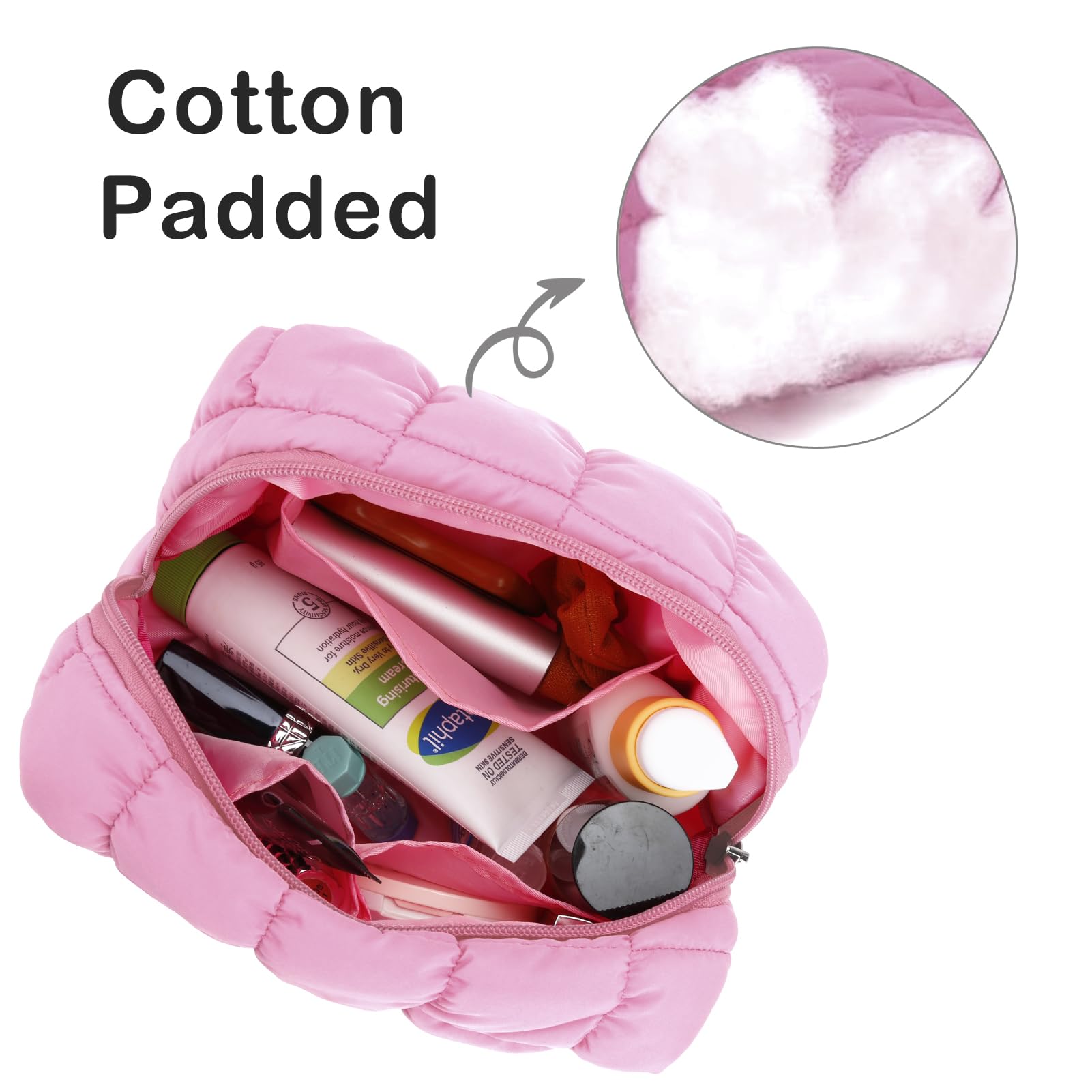 DOB SECHS Small Travel Makeup Bag Puffy Quilted Cotton Make Up Cosmetic Organizer Toiletry Bags Cute Zipper Pouch for Women Girls (CottonBag01-Pink) - Image 3