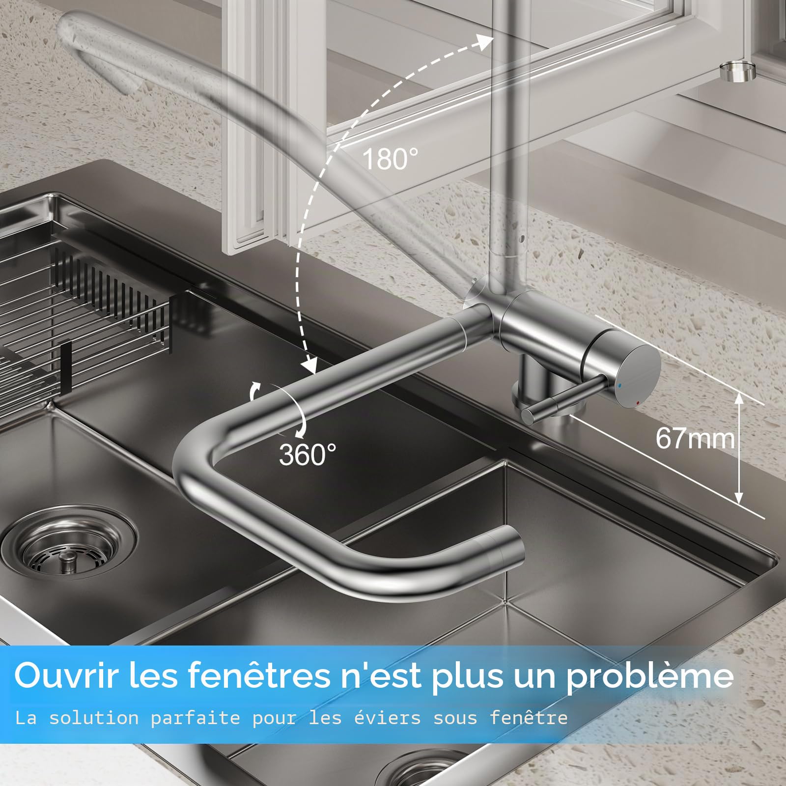 YEAUPE PRO Robinet de cuisine pliable pour fenêtre avant - Robinet pivotant à 360° - Robinet d'évier pliable à 180° en acier inoxydable 304 - Mitigeur avec 2 types de jet - Design démarrage à froid