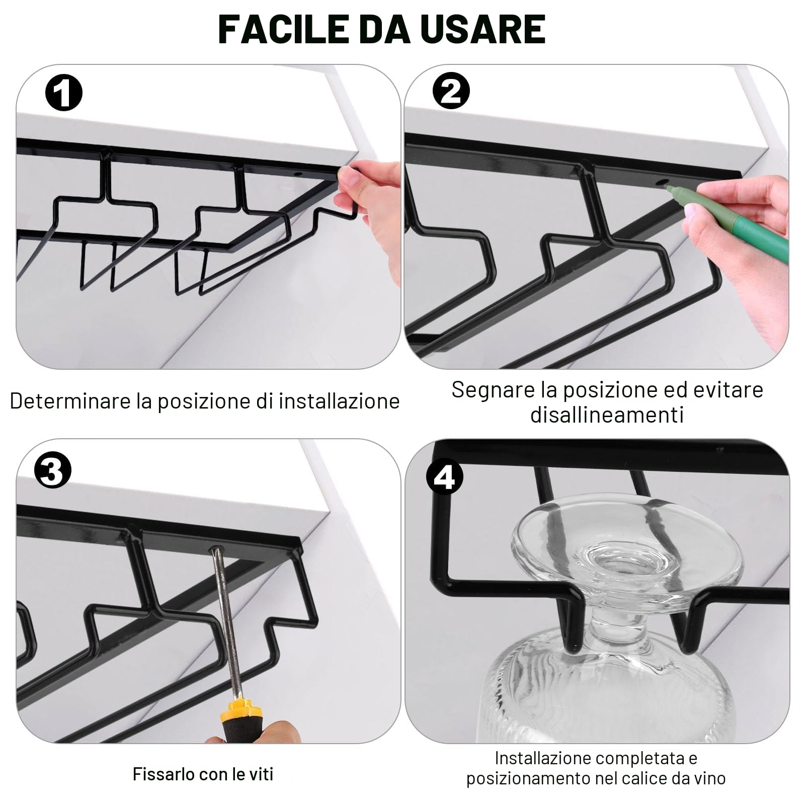 MXTIMWAN 4 Binari Porta Bicchiere da Vino Sospeso, 2 Pezzi Scolabicchieri Portabicchieri, Porta Calici Sotto Armadio, per Bar Ristorante Cucina