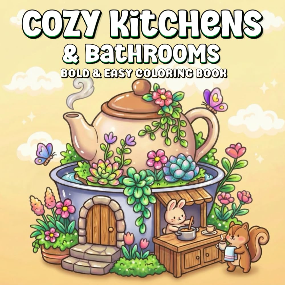Cozy Kitchens & Bathrooms A Bold & Easy Coloring Book: A Gentle Journey Through Beautiful Places for Relaxation and Stress Relief (Cozy Worlds)