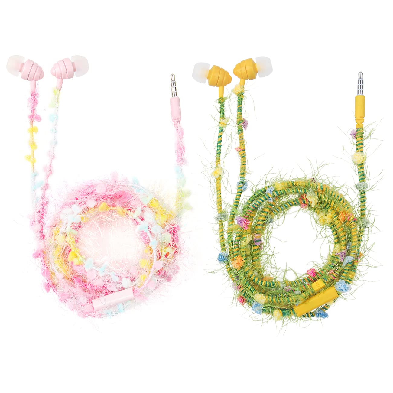 URIZONS [2Packs】 Fabric Braided Wired in-Ear Colorful Fuzzy Earbuds - Tangle-Free Noise Isolating Girls Earphones Cute Headphones with Mic for iPhone for Kids