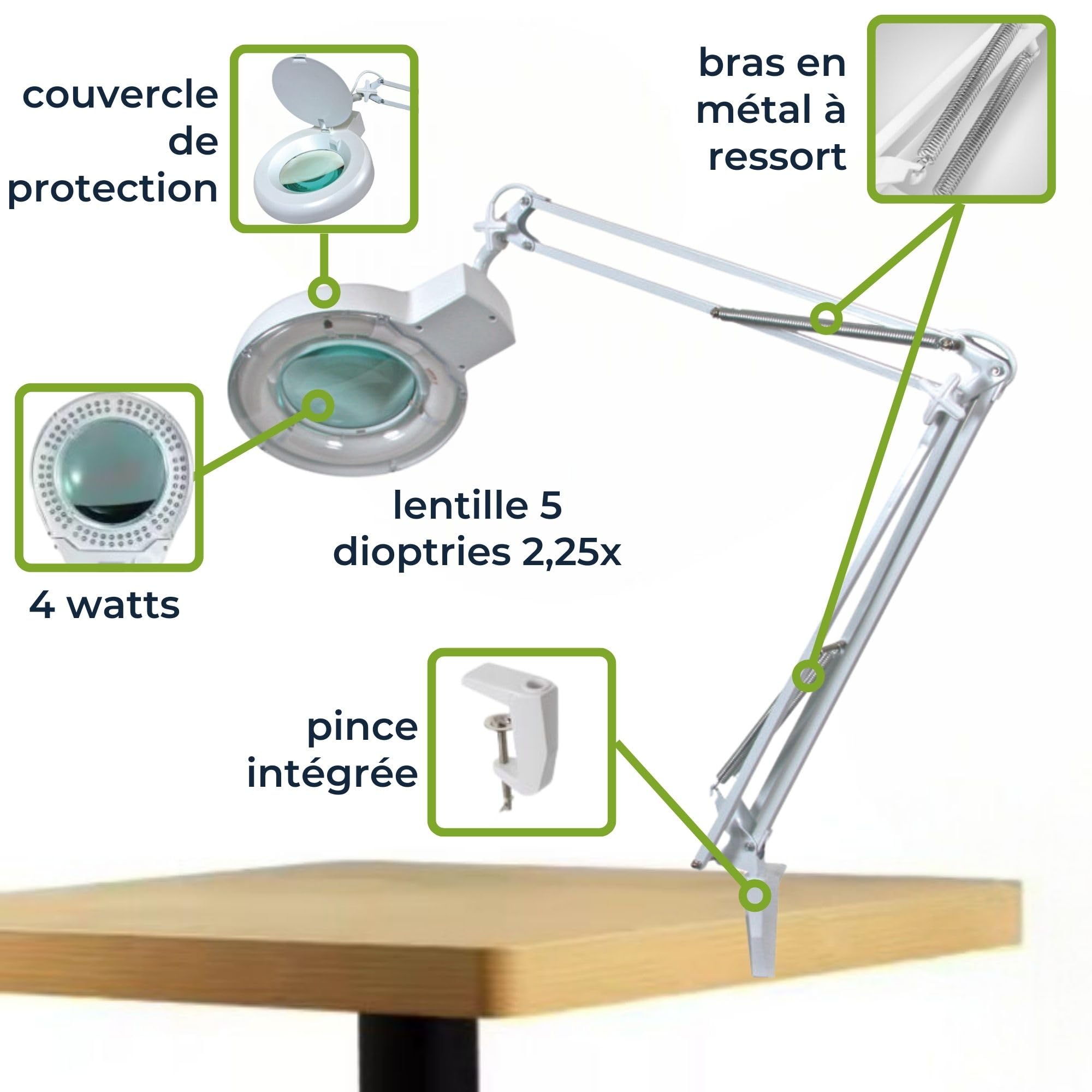 Velleman Lampe loupe avec Pince, Lampe grossissante 22 W avec Bras articulé réglable, grossissement 2,25x, lentille 5 dioptries 120 mm, pour Loisirs, Lecture et travaux de précision