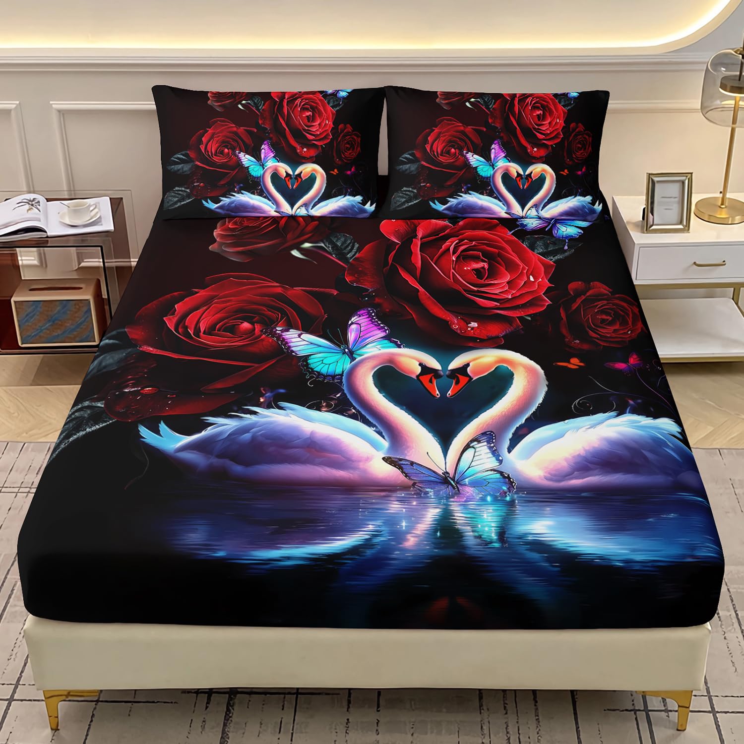 AILONEN Girls Rose Flower Fitted Sheet Set Queen Size,Red Rose Bedding,Romantic Floral Swam Couple Lover Bed Sheet Set,Red and Black Sheet Set,1 Fitted Sheet with 2 Pillowcases,3 Pieces