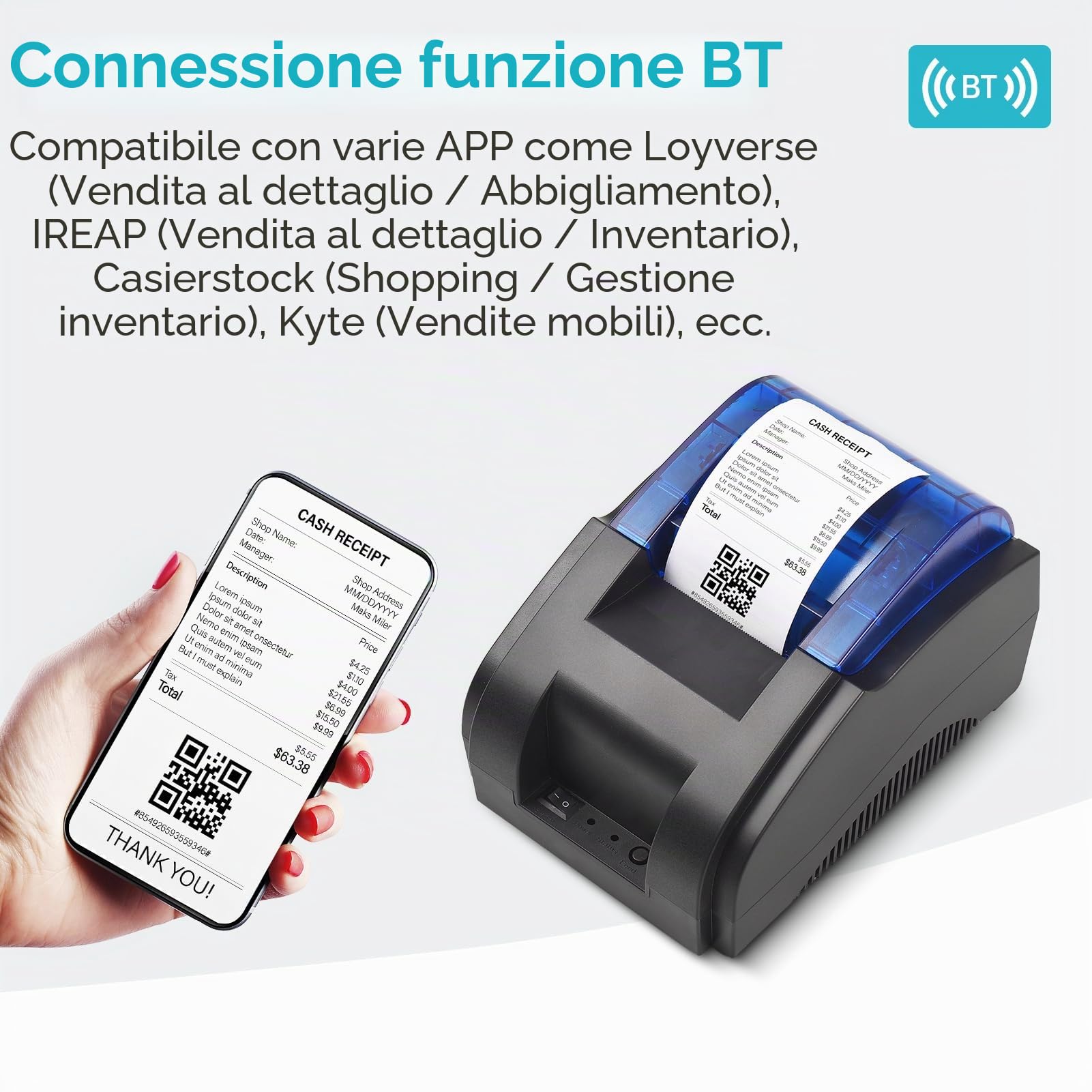 Shuaiguō Stampante termica 58 mm USB+BT 203 DPI compatibile con /Linux/Mac/Android/iOS