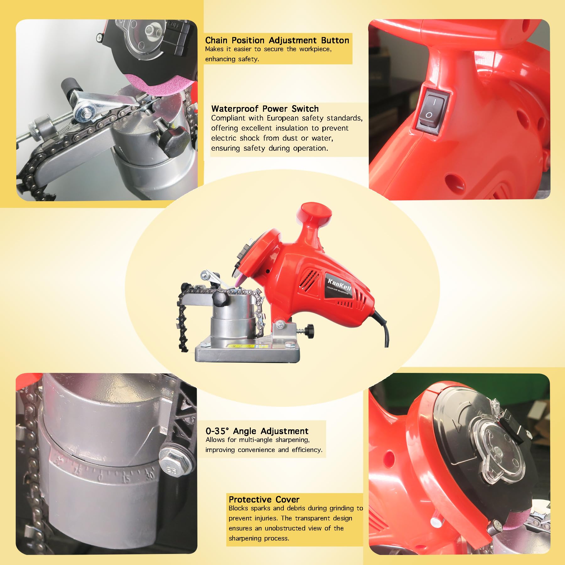 Affilatrice elettrica per motosega, 250 W, ad alta velocità, con angolo regolabile, resistente, montabile, affilatrice rossa per catene da 1/4" a 3/8"