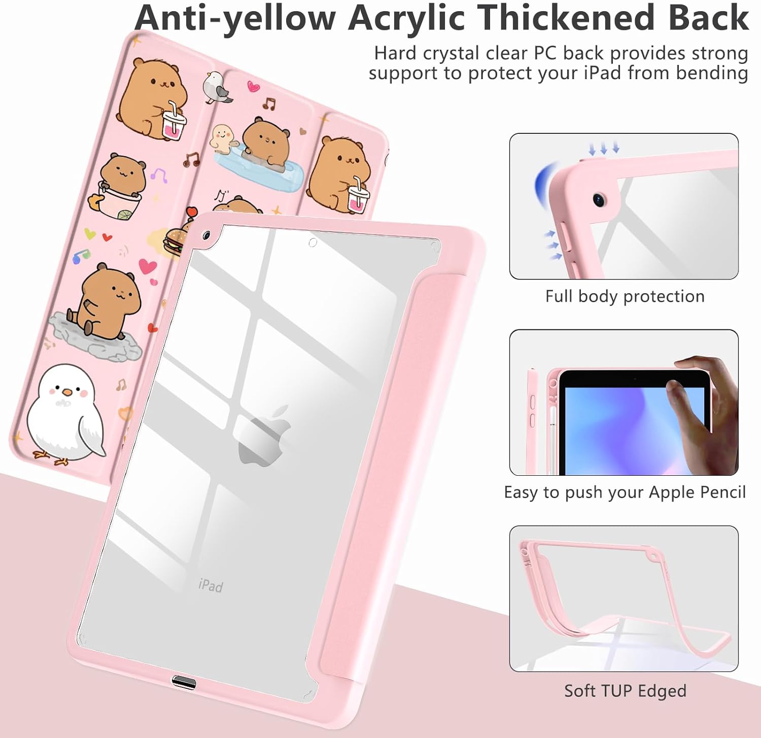 LuGeKe Cute Capybara & Bird Pattern Case for 10.9" iPad Air 4/5th Unique Case,Pencil Holder & Clear Acrylic Back & Trifold Stand Cover for Women