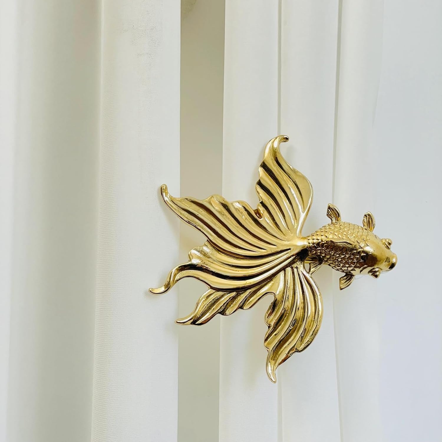 Set of 2 Ornate Solid Brass Animal Goldfish Curtain Holdbacks,Handmade Vintage Decorative Drapery Tiebacks Home Decor,Curtain Tiebacks for Drapes