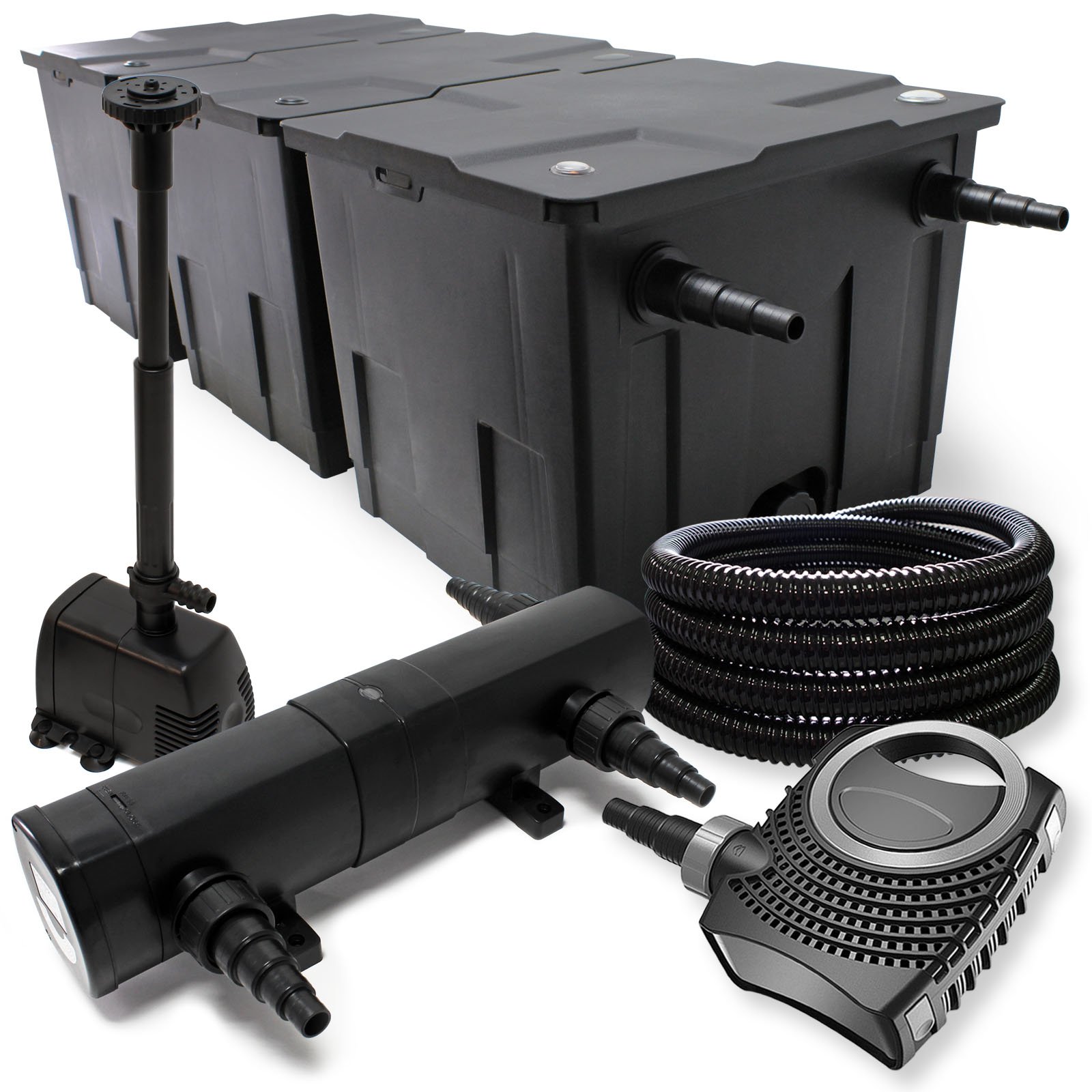 Wiltec Kit complet: CBF-350C Filtre de bassin jusqu'à 90000 L, NEO10000 pompe de filtration 10000l/h 80W, CUV-236 lampe uv 36W, 25m Tuyau 25 mm, HJ-943 fontaine 800l/h 16W