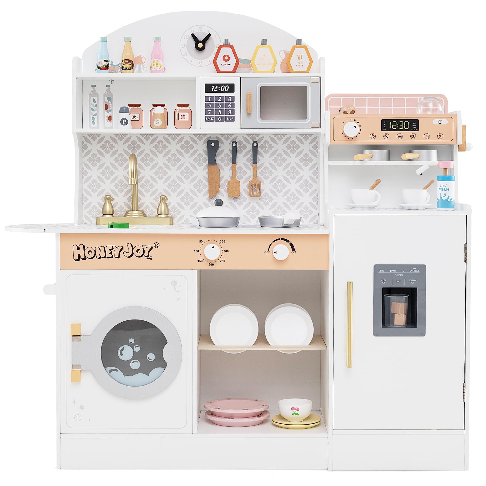HONEY JOY Kids Kitchen Playset, Wooden Toy Kitchen Set w/Lights, Coffee Maker, Microwave, Sink, Ice Maker, Washing Machine, Little Chef Pretend Play Kitchen for Toddlers Boys Girls (White)