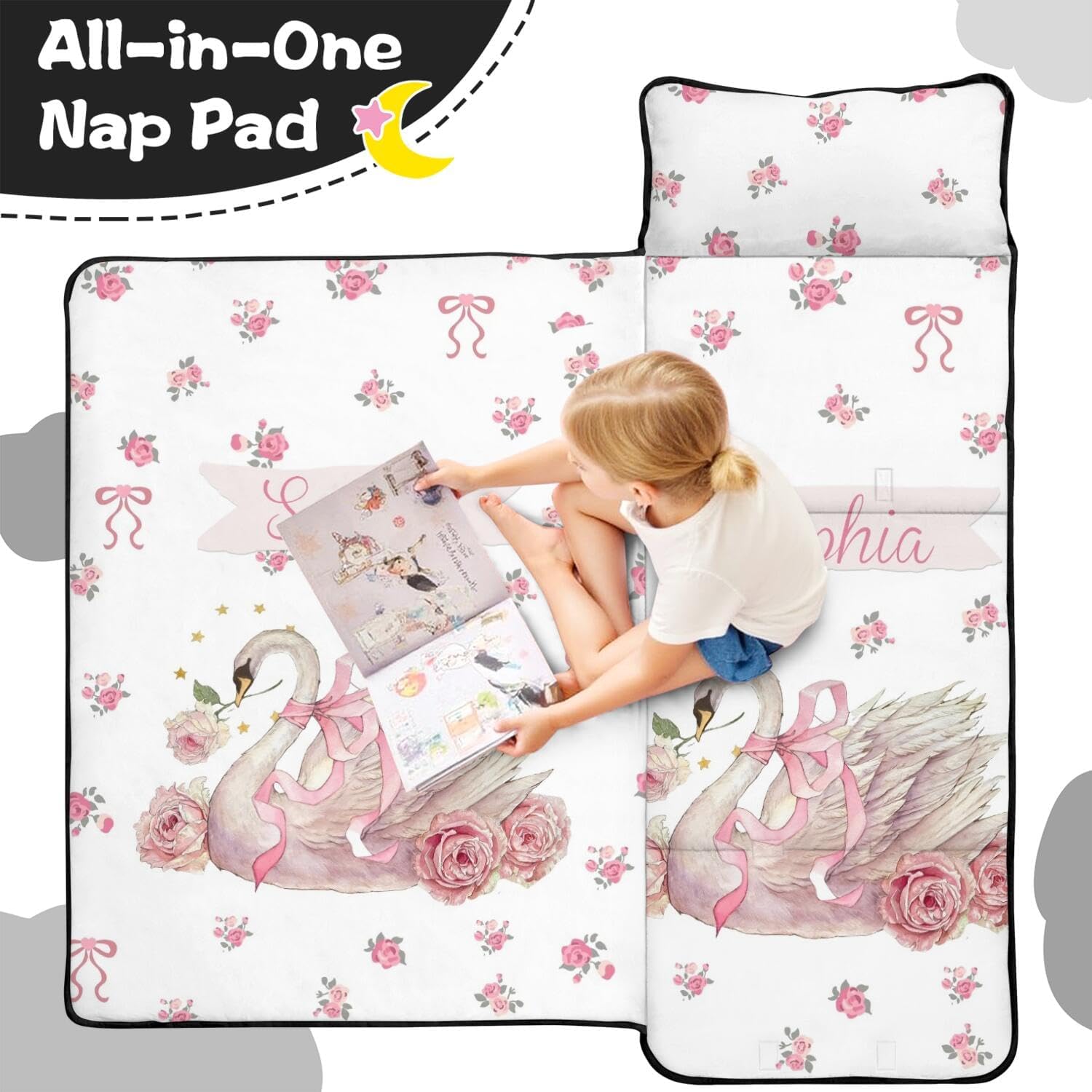 Personalized Toddler Nap Mat for Girls – Custom Name Floral Swan Sleeping Bag with Pillow & Blanket – Soft & Portable for Daycare, Preschool & Kindergarten