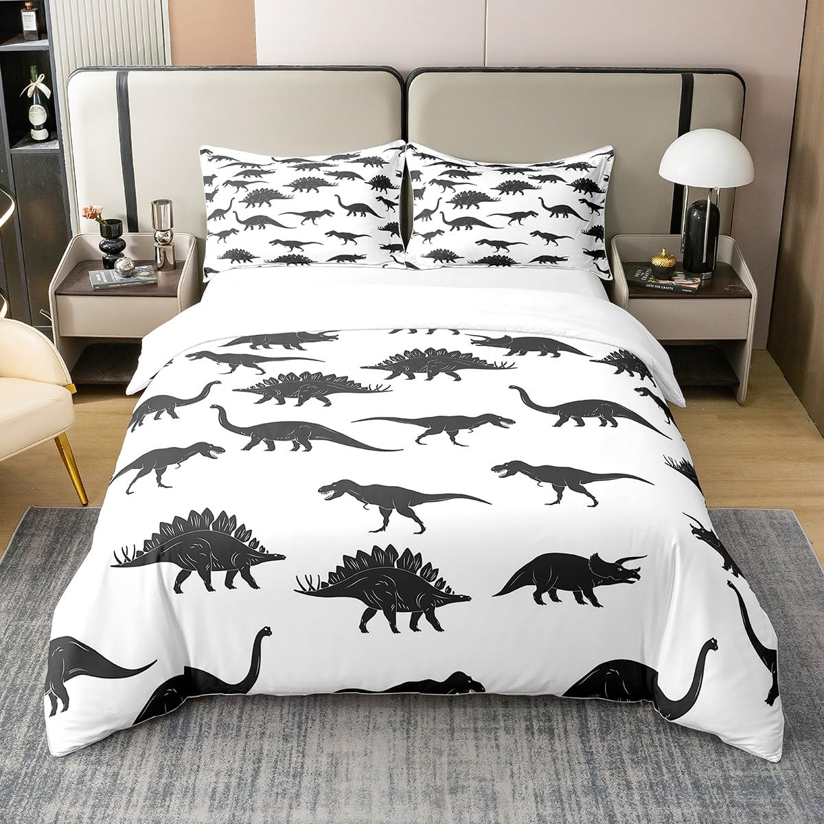 Loussiesd Dinosaur 100% Cotton Duvet Cover Set Double Size Kids Boys Cartoon Dino Bedding Set Teens Jungle Animals Pattern Comforter Cover Black White Bedspread Cover Room Decor Bedcothes โ image 1