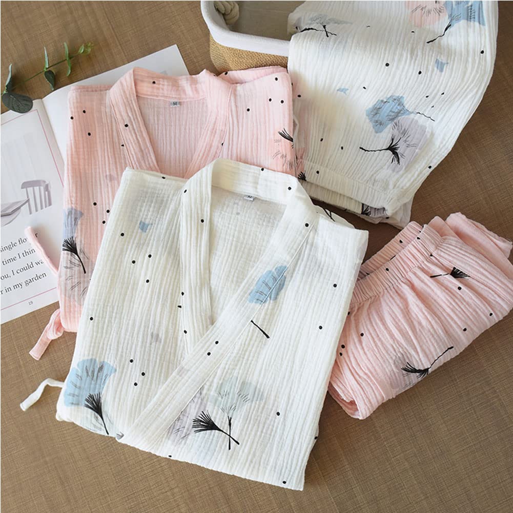 Miękka bawełniana krepa czysta piżama garnitur damska japońska piżama kimono, Multicolor-01, L