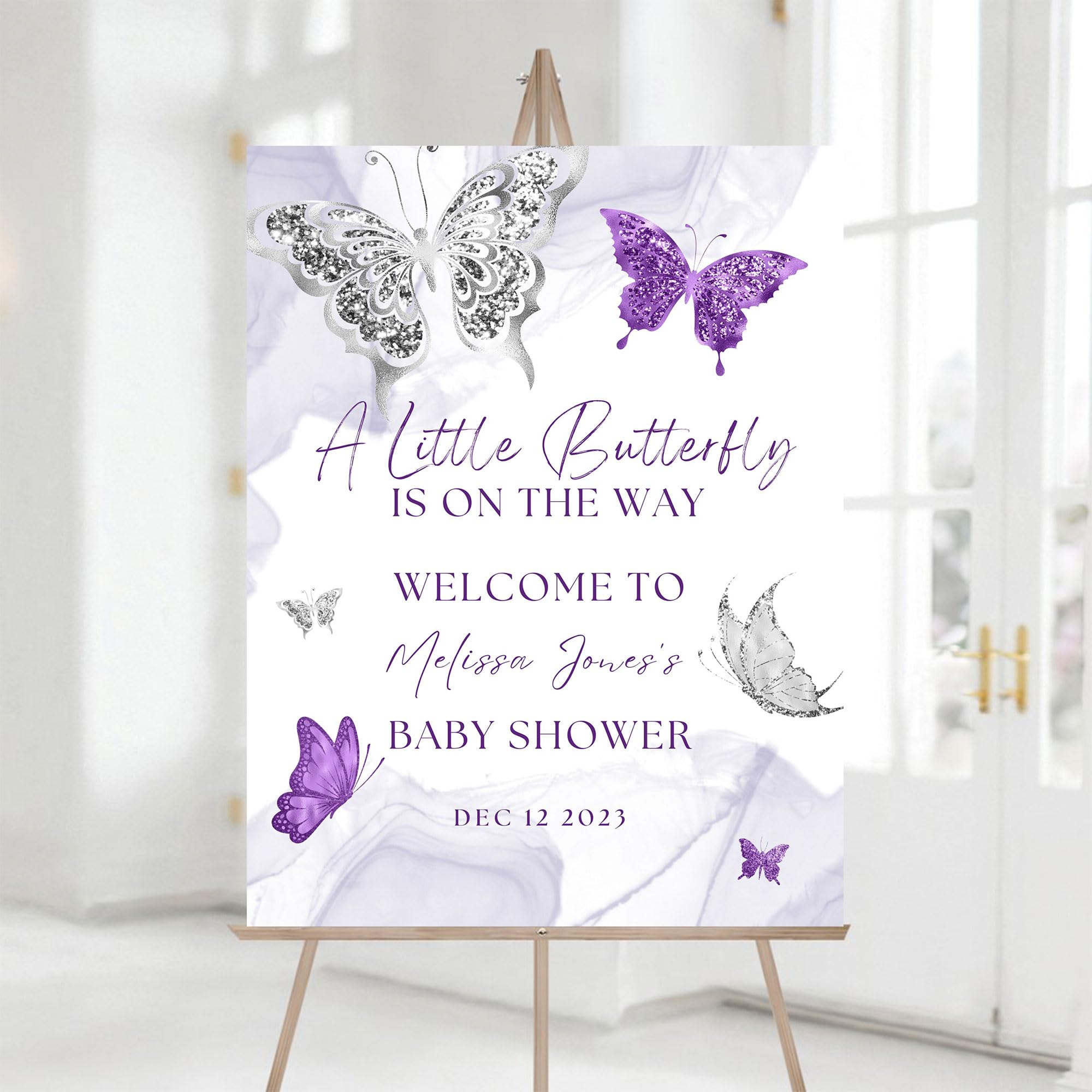 Personalized Baby Shower Welcome Sign, A Little Butterfly Is On The Way, Purple And Silver Butterfly, Welcome Poster
