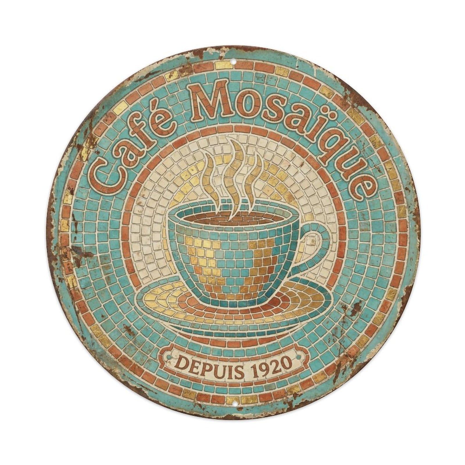 Mosaic Tiles Bistro Cafe Metal Tin Sign Plaque Wall Decor for Cafe, Club, Garden Round Metal Poster 8x8Inch