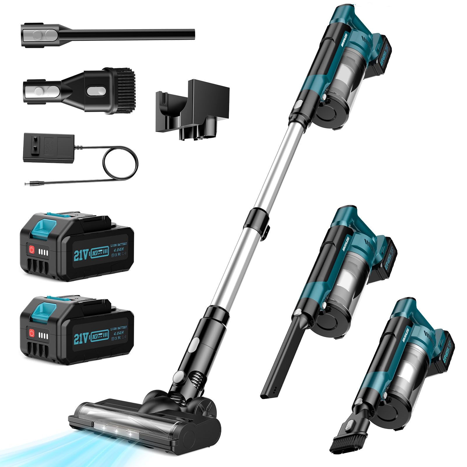 Akku Staubsauger, 60KPA/700W/70Mins Staubsauger Kabellos, 1,8L Großer Staubbecher, Anti-Tangle-Bürste, 3 Saugdüsen HEPA-Filter LED-Licht für Tierhaare Teppiche Hartböden Auto Bettspalte