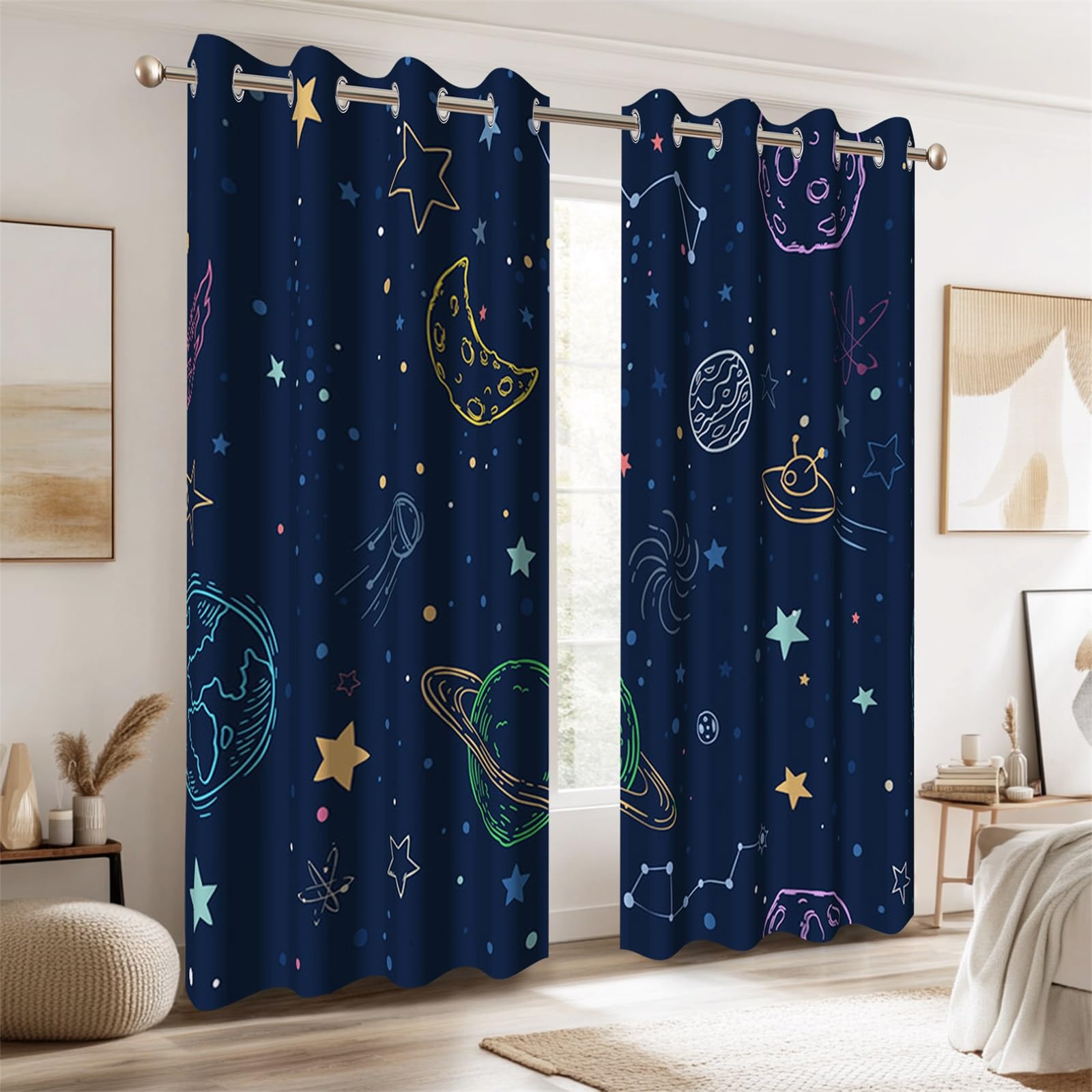 Ttincceer Navy Blue Space Blackout Curtains Cartoon Stars Planets Theme Galaxy Curtains for Kids Bedroom Outer Space Drapes with Grommet Nursery Space Decor Curtain 2 Panels 117x183cm - Image 2
