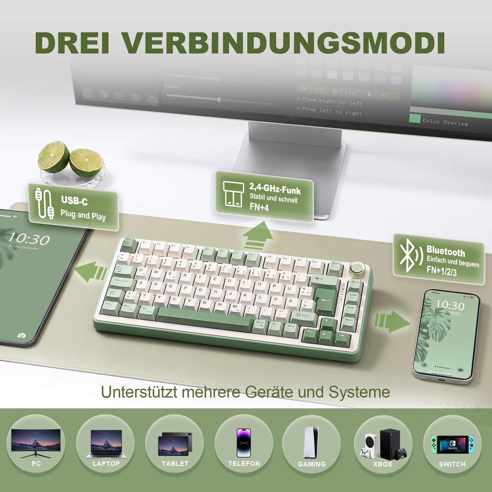 YUNZII B75 PRO ISO-DE Mechanische Gaming Tastatur, 75% QWERTZ Layout (DE) mit Drehknopf, BT5.0/2.4GHz/USB-C, Vorgeschmierte Schalter, RGB für Win/Mac/PC (Matcha Green, Cocoa Cream V2 Switch)