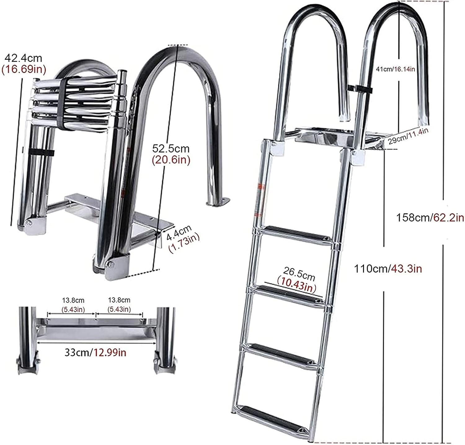 Telescopic 4 Step Ladder for Pool/Boat,Bath Ladder for Platform,Pontoon Marine Folding Telescoping Rear Entry Inboard Ladders with Handles &Wide Pedal