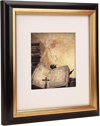 Miniatura 3 de Marco de fotos vintage neutro de caoba negra y latón antiguo, de 8 x 8 pulgadas, 2 tonos, perfil de madera real pintado a mano, archivo cremoso de