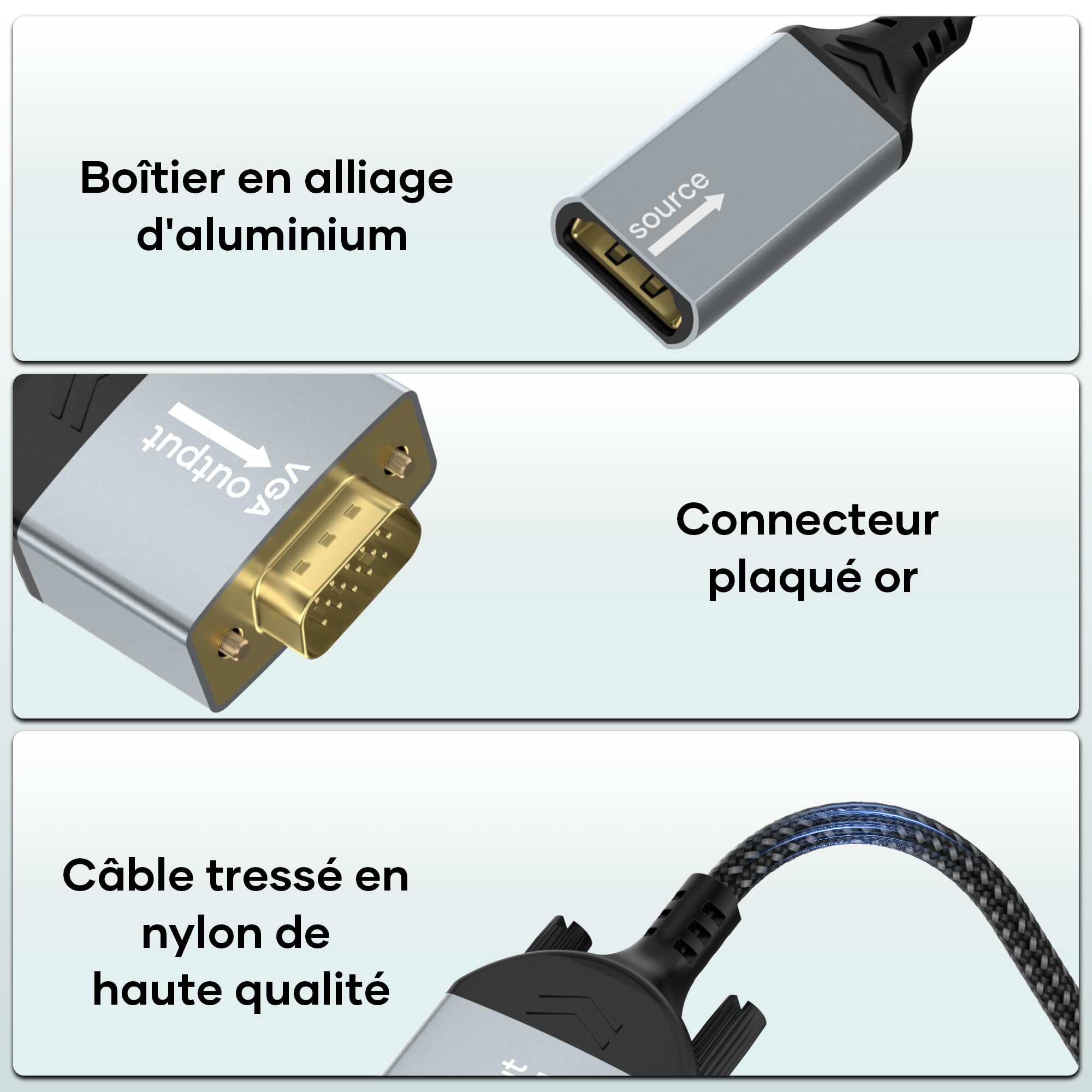 Adaptateur HDMI vers VGA unidirectionnel câble tressé nylon 1080p pour moniteur TV PC ordinateurs portables