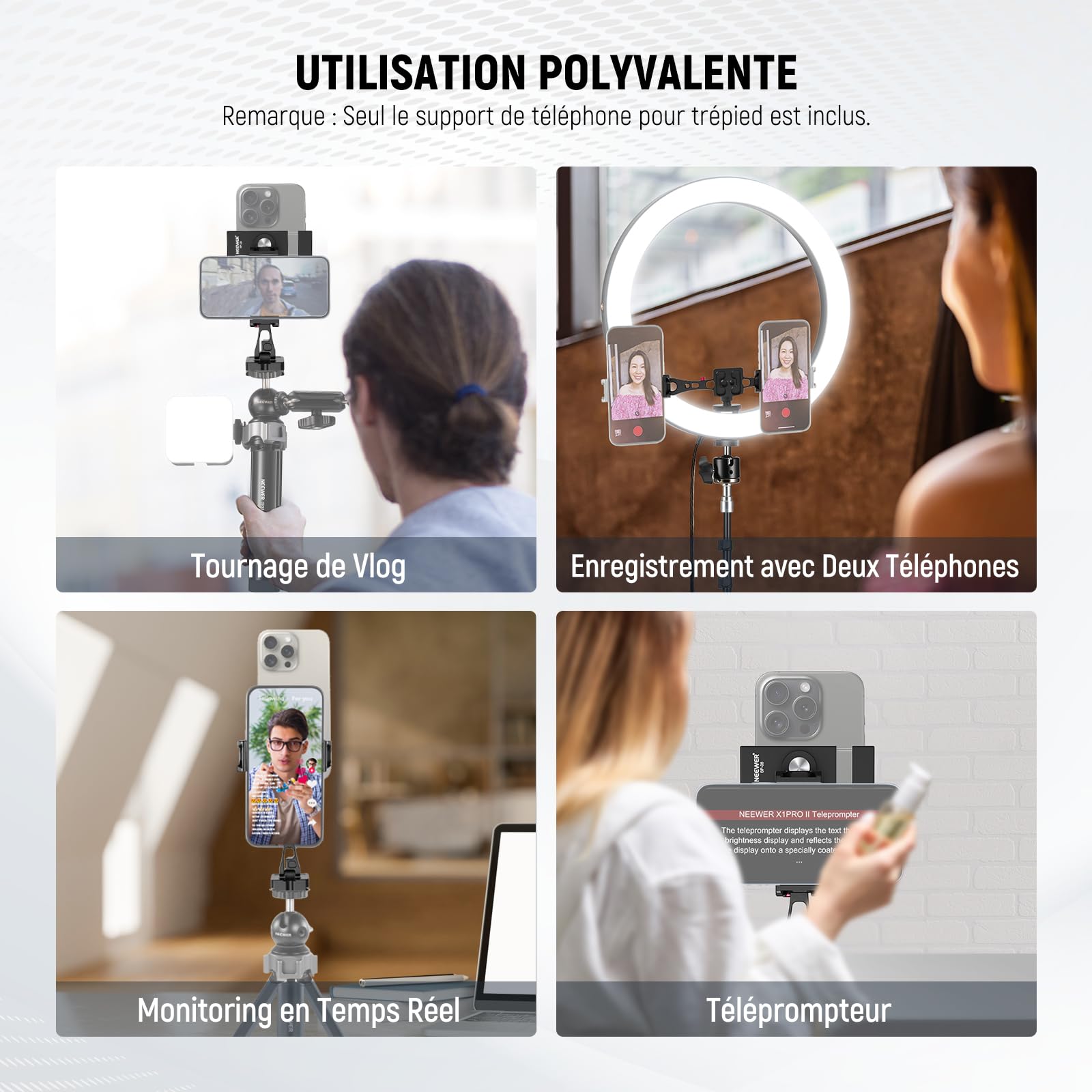 NEEWER Adaptateur Support de Trépied Téléphone en Métal avec Base Arca QR,Support de Pince à Double Clip pour Téléphone Portable Rotatif à 360°avec 4 Sabots Froids Compatible avec iPhone Samsung,SP-08