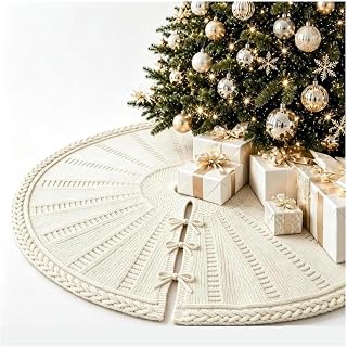 Knitted Fall Tree Skirt With Ruffled Edge– Seasonal Decor | Polyester Fiber Knit Tree Skirt in 3 Sizes with Tie Straps | Fits Small to Large Trees | Autumn & Christmas Accent