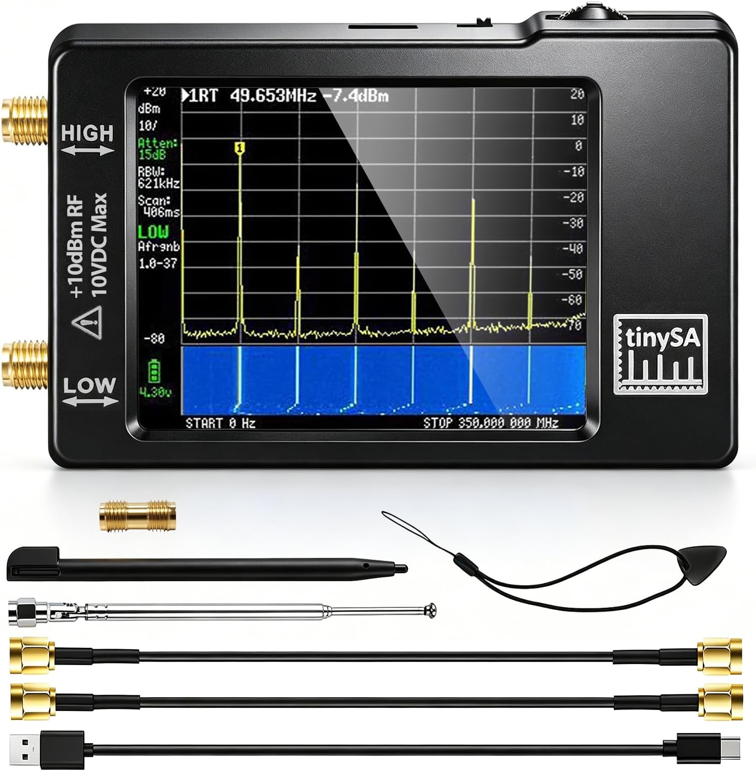 AURSINC Hand Held Spectrum Analyzer, tinySA MF/HF/VHF UHF Input for 0.1MHZ-350MHz, UHF Input for 240MHz-960MHz, Signal Generator with 2.8 inch Touch Screen Battery