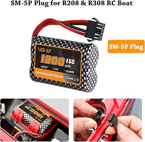 Miniatura 3 de VICMILE Batería de iones de litio de 7.4V 1200mah 2S 15C RC Baterías de barco R208 R308 Batería apta para barcos de control remoto de alta