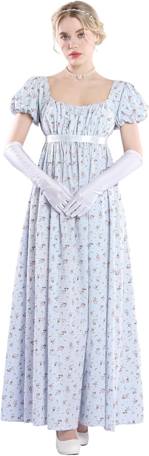 FCCAM Damen Regency Jane Austen Lange Vintage Viktorianische Ballkleid Mit Handschuhen Empire Taille