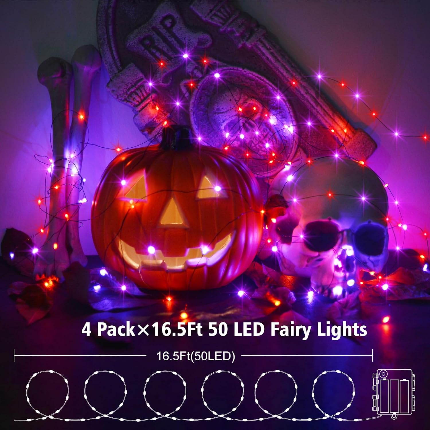 Battery Operated Hallowee Fairy Lights 4 Pack 16.5Ft 50 LED with Remote | 8 Modes Timer Halloween Lights Black Copper Wire Outdoor Waterproof String Lights for Garden Yard Party Decor, Purple Orange
