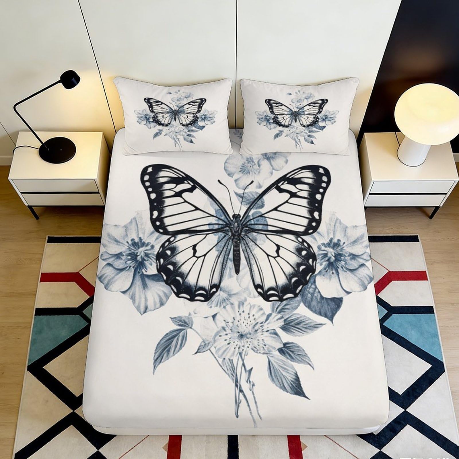 Wtorimpel Style-8 3D Printed Butterfly Floral Fitted Sheet Microfiber Deep Pocket Bedroom Bedding Non-Slip Butterfly Mattress Fitted Cover Washable Protector 200X200x25cm