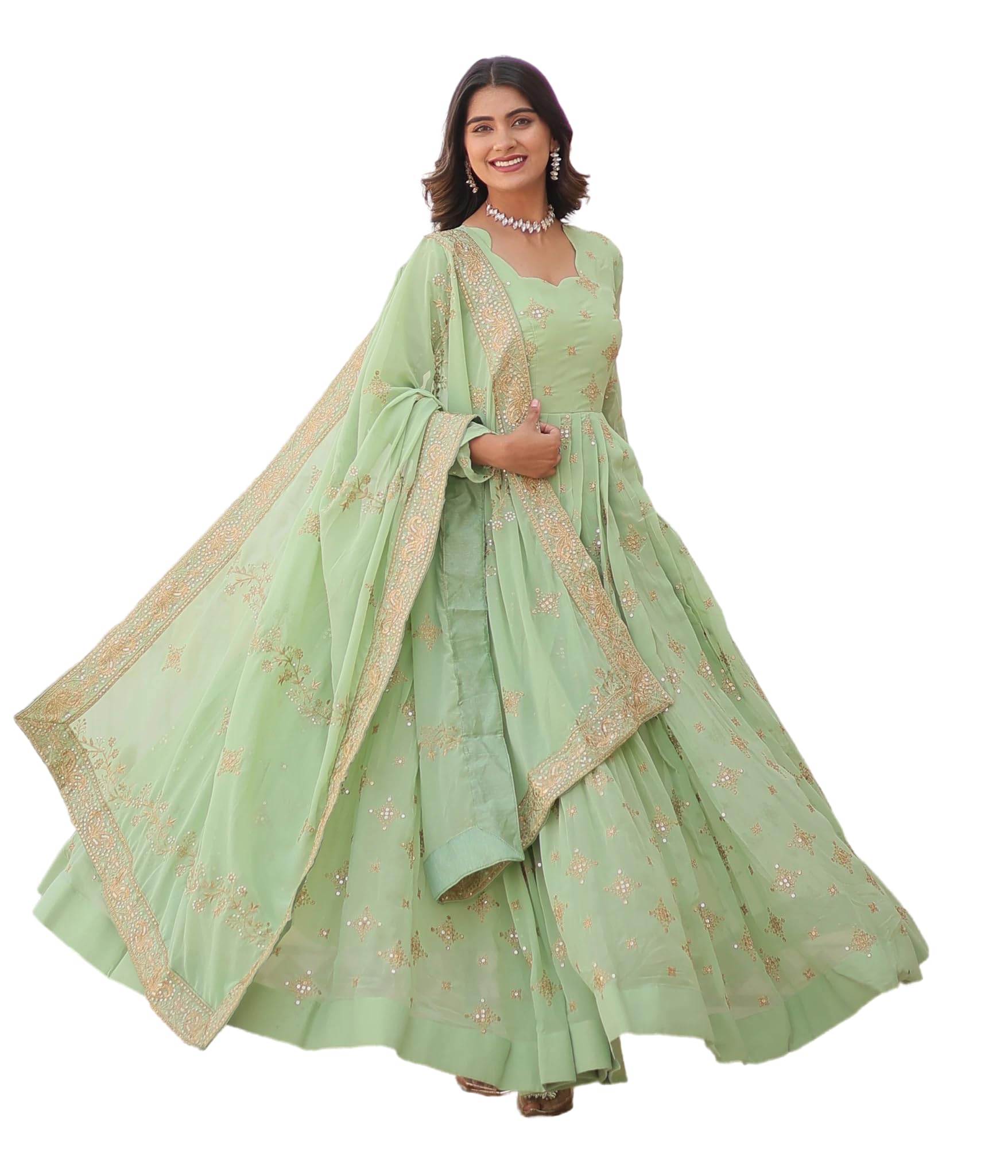 Fashion Basket Havy Georgette Embroidered Anarkali Dress For Women Green